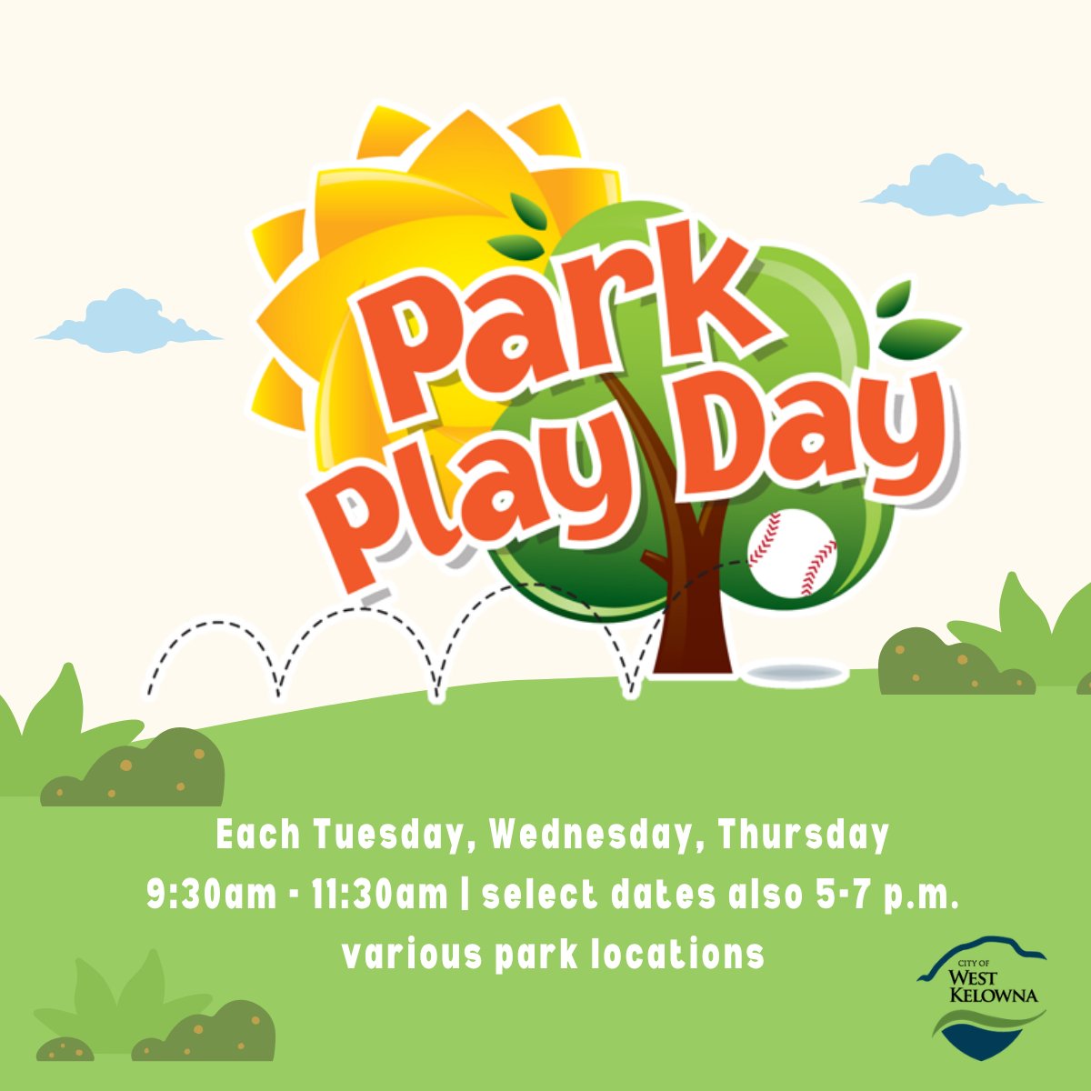 WestKelownaCity's tweet photo. Park Play Days! Attend from 9:30 a.m. -11:30 a.m. Bring kids aged 2-8 to this free event. This week: Tuesday, July 14 – Westbank Town Centre Park, Wednesday, July 15 – Marina Park (also from 5-7p.m.), Thursday, July 16 – Dupuis Park. Learn more: https://t.co/OryZoOBRZi https://t.co/capnwjU5a9