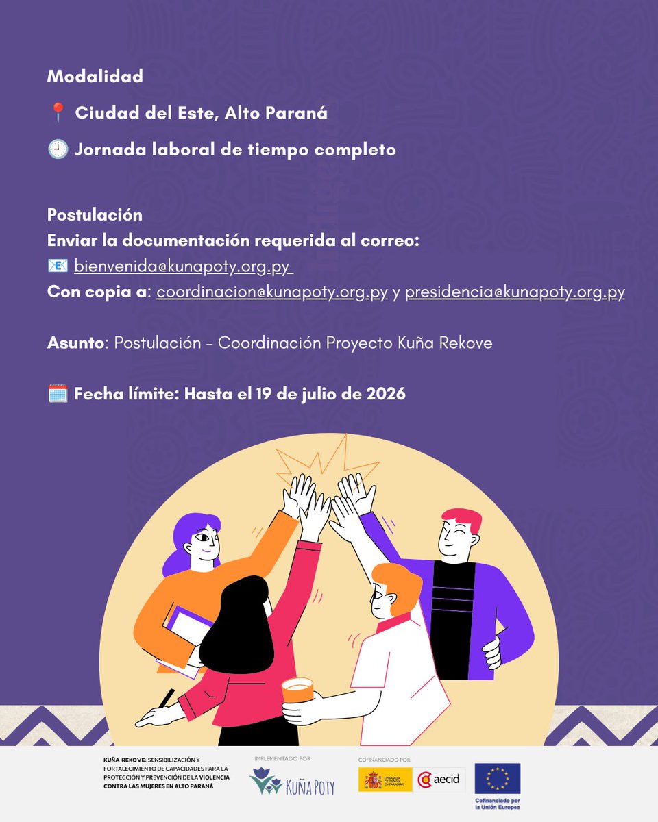 MujerPoty's tweet photo. 📢 La Asociación Feminista Kuña Poty invita a profesionales interesadas/os a postular al cargo de Coordinador/a del Proyecto KUÑA REKOVE – Fase 2, una iniciativa financiada por la Agencia Española de Cooperación Internacional para el Desarrollo (AECID) y la Unión Europea. https://t.co/P4fexfEhn8