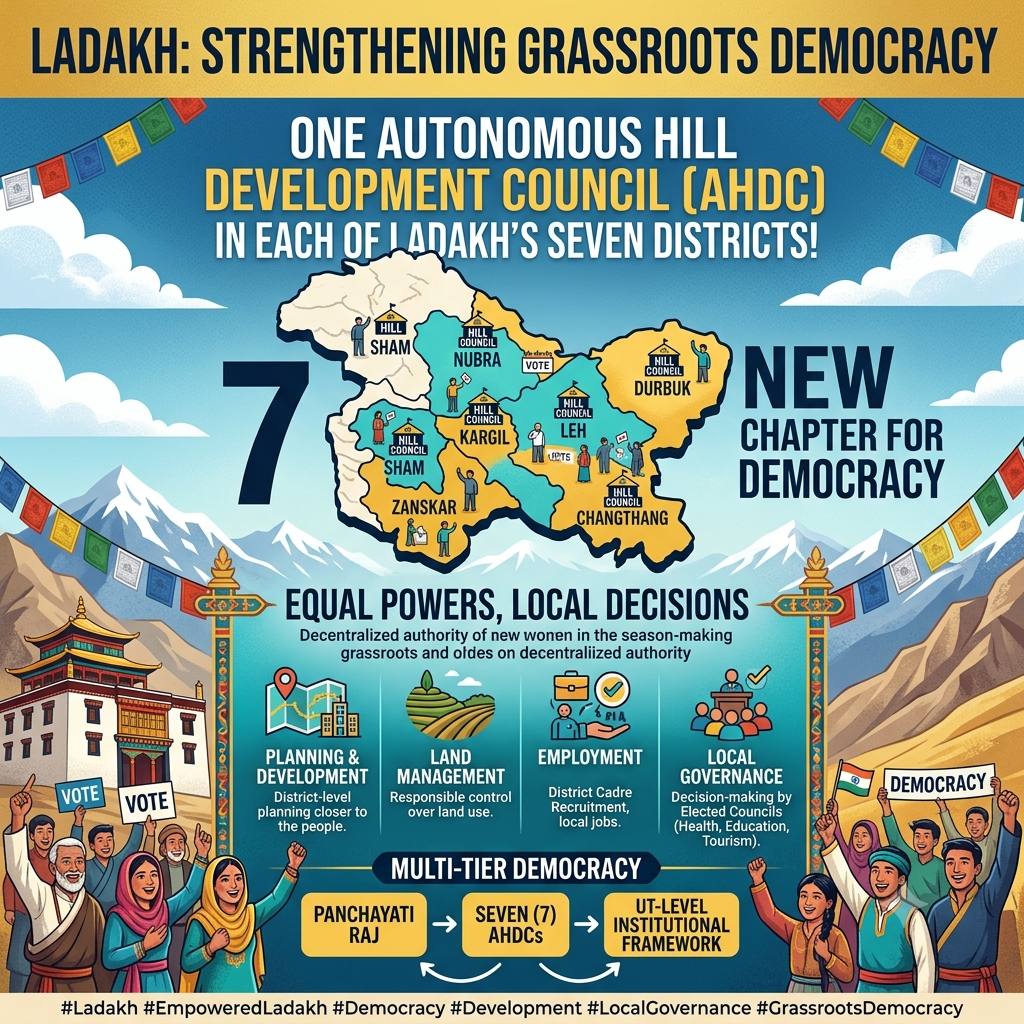 NazirZaara's tweet photo. Ladakh is strengthening grassroots democracy with the decision to establish an Autonomous Hill Development Council in each of its seven districts. 

Every district will gain equal powers over planning, development, land, employment and local governance, ensuring decision-making is closer to the people. 

#LadakhGrowth