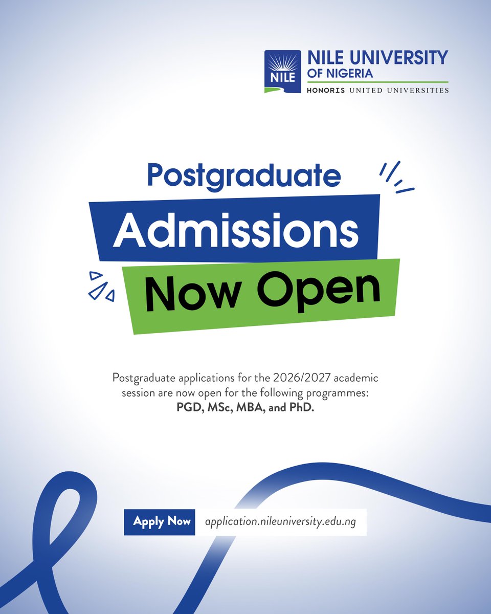 NileUni's tweet photo. Postgraduate applications are now open!

Nile University of Nigeria is accepting applications for the 2026/2027 academic session.

Take the next step with our postgraduate programmes:
• PGD
• MSc
• MBA
• PhD

Apply now.