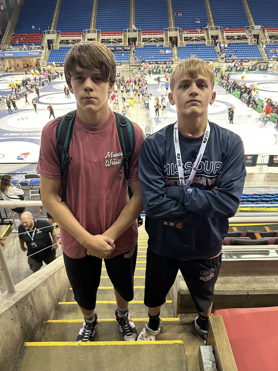 BSHSWrestling's tweet photo. 💜💛Two upcoming BSHS Wildcat wrestlers, Drake Hagerty and Carter Paulsen, represented the state of Missouri and the BSHS Wildcats extremely well this weekend at the national tournament in Fargo! Nice job, men! 💜💛 The Wildcats are building! 🔥 https://t.co/NCndeF9yGY
