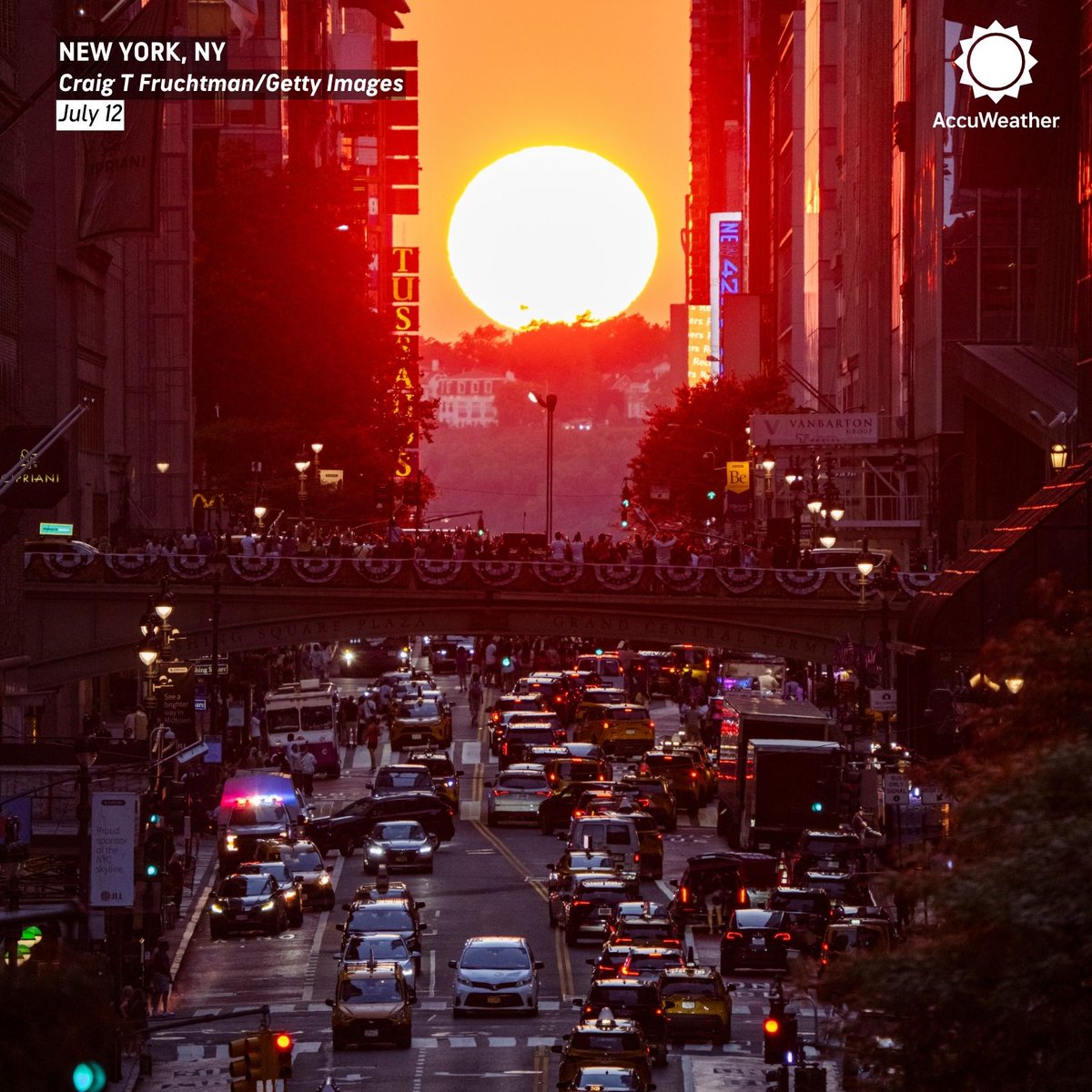 accuweather's tweet photo. New Yorkers gathered to photograph the final Manhattanhenge sunset of the year in New York City over the weekend. https://t.co/y2YVAE5s48