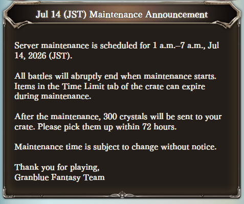 granblue_en's tweet photo. GBF servers will be down for scheduled maintenance in 1 hour!

Scheduled for today:

Cucouroux 5 star uncap

Coop UI update (element needed and practice room indicators)

Full Auto Default toggle

Randomized MC outfit options https://t.co/jMu55n4IVX