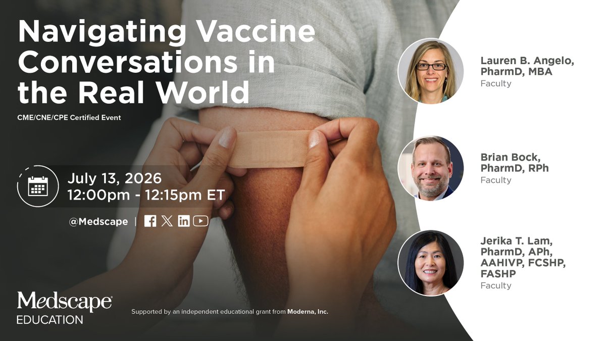 Medscape's tweet photo. Starting in 1 HOUR ➡️ https://t.co/uMtFKCMPfe

Get up to speed on handling vaccine safety and efficacy questions in your practice. Don't miss our live 15-min session with Dr. Angelo, Dr. Bock &amp; Dr. Lam! 

#CME #Pharmacy #Livestream https://t.co/6rLgk3VjmY
