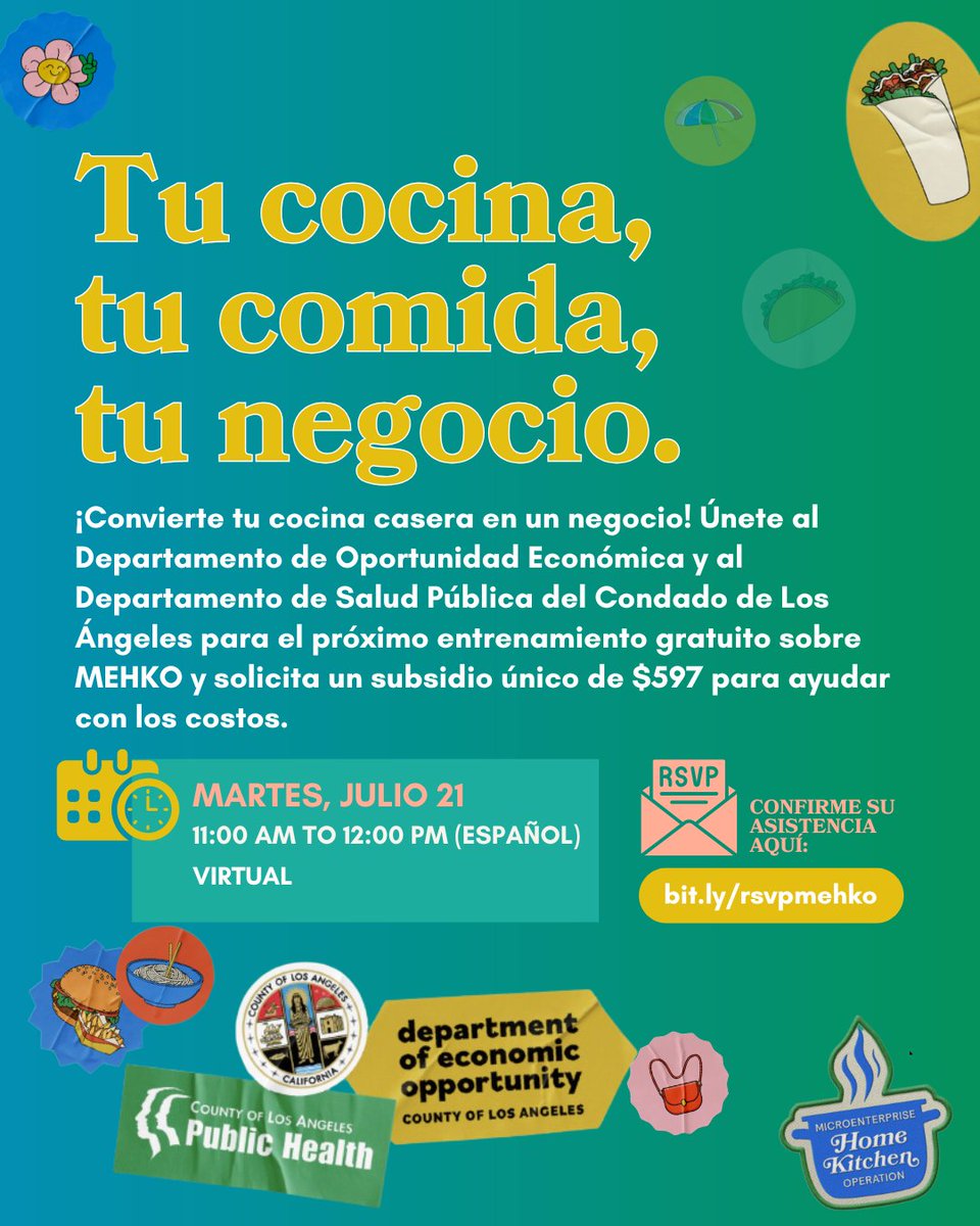 EconOppLA's tweet photo. Join DEO and @lapublichealth for a no-cost training to learn how to legally run operate your home as a mini restaurant or commissary space from your home, offering takeout, delivery, or even dine-in experiences!

Virtual Sessions:
Tuesday, July 21

RSVP: https://t.co/GLlL4ddOcl https://t.co/i2lau0mzU8