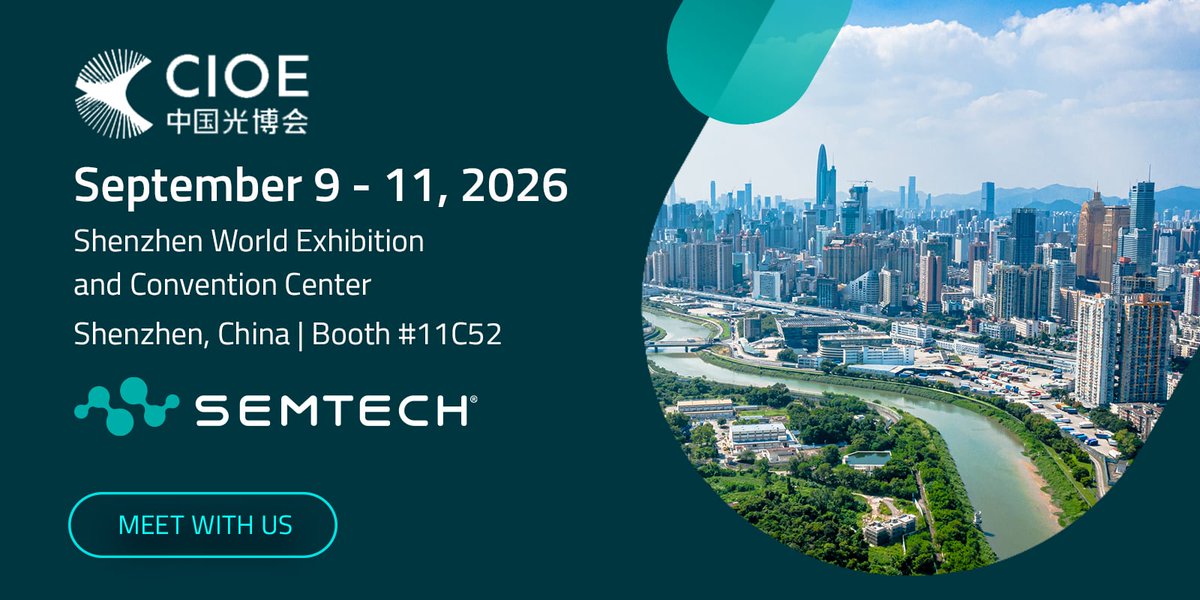 SemtechCorp's tweet photo. Curious what you'll see at our CIOE booth? 
Semtech is showing a complete 1.6T solution across every pluggable type: FRO, LRO, LPO, and ACC, plus live demos spanning PON, mobile transport, and PCIe Gen 7. 
📍 Booth 11C52 · Sept 9–11 · Shenzhen https://t.co/LNGg3bbYMb