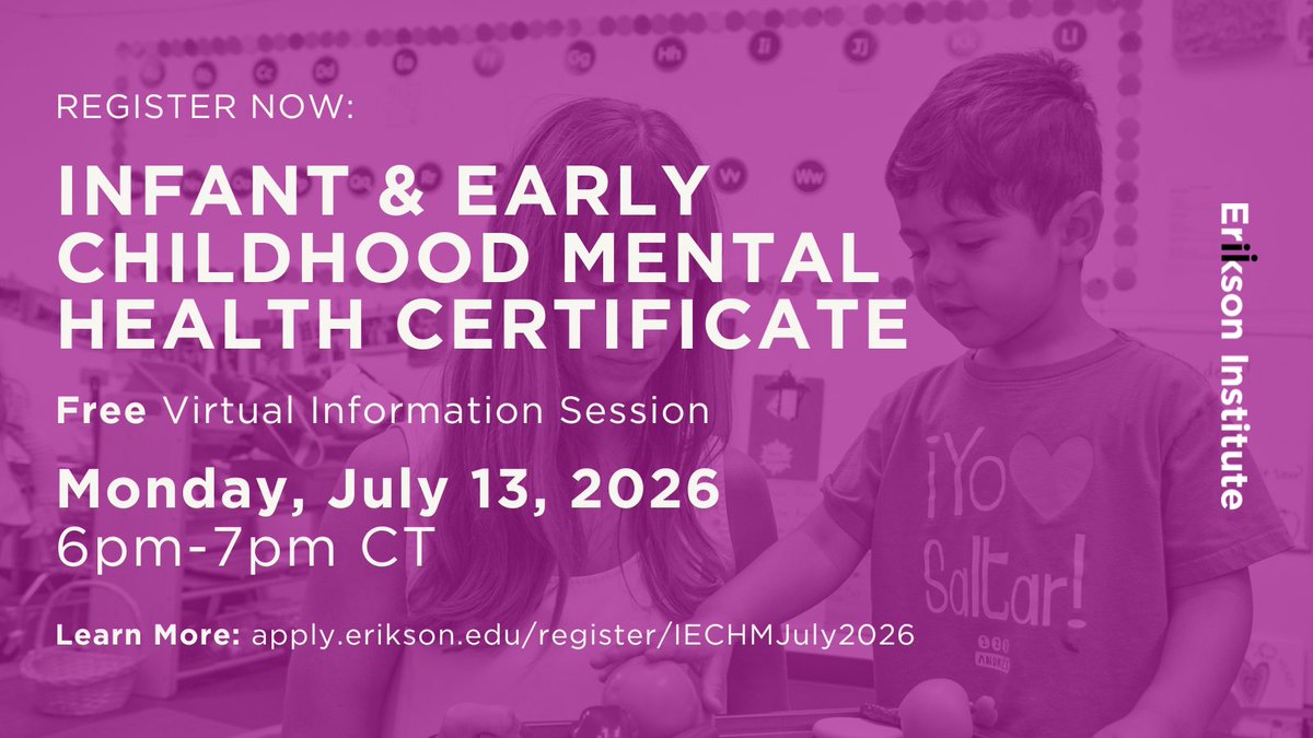 EriksonInst's tweet photo. Today's the day! There's still time to join our free virtual Infant &amp; Childhood Mental Health Certificate info session. Register now:

https://t.co/MlWeM6k0qZ

#GraduateSchool #EarlyChildhoodEducation #SocialWorkers #YouthProgram #ContinuingEducation https://t.co/f2iio3jQm0
