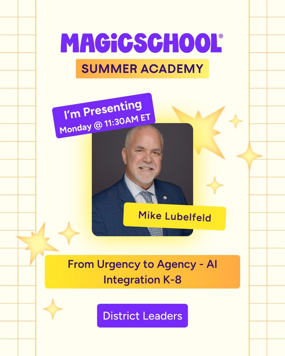 magicschoolai's tweet photo. July 20 is going to be incredible ποΈ
3 sessions. 3 leaders. Real talk on AI integration, coaching, and assessment from the people doing it in schools right now.
Grab your spot here: https://t.co/kb147K7Msq
#SummerAcademy #AIinEducation #MagicSchool https://t.co/hMw8i3pUX1