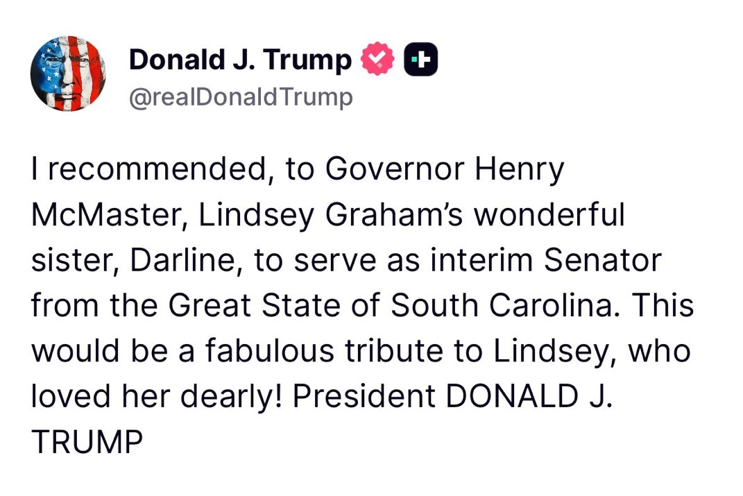TheInsiderPaper's tweet photo. JUST IN - President Trump says he recommended to Governor Henry McMaster, Lindsey Graham’s wonderful sister, Darline, to serve as interim Senator from the Great State of South Carolina. https://t.co/1xBHYEIaLd