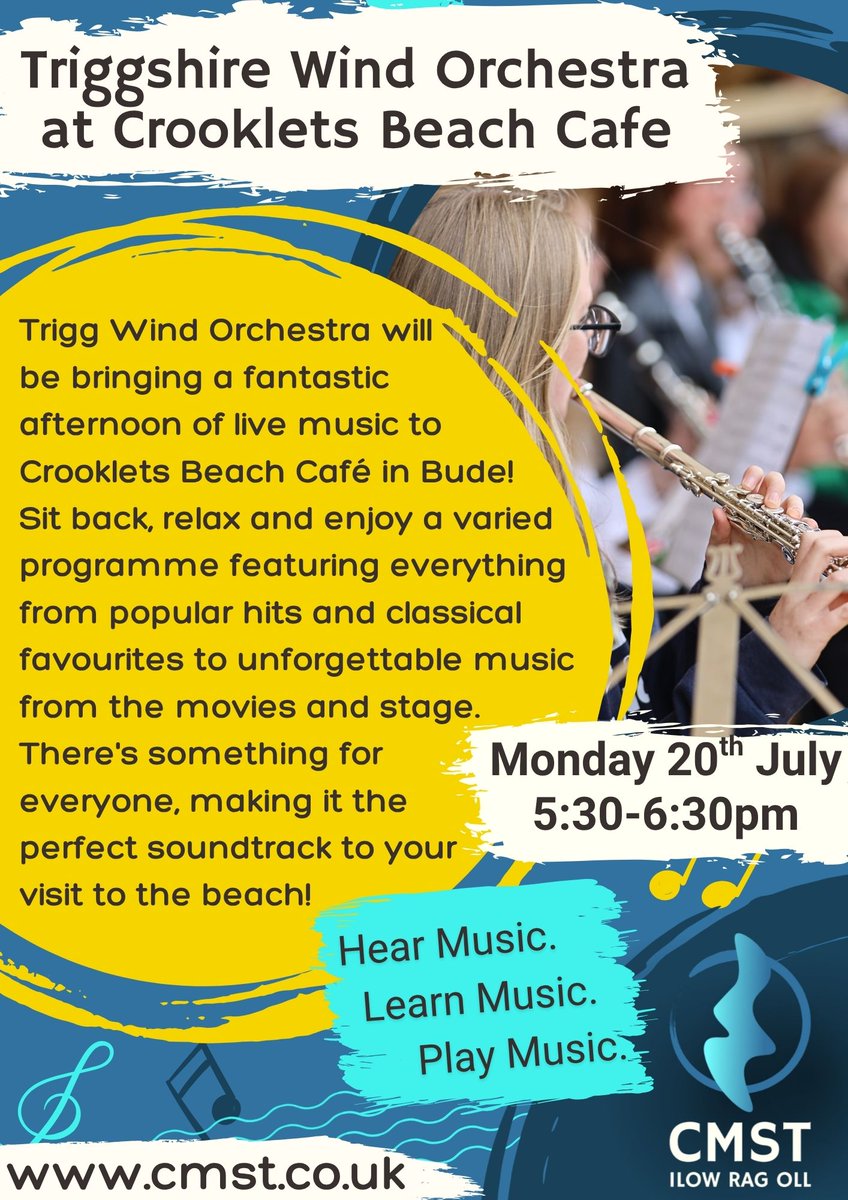 cmst_official's tweet photo. 🎶 Next Monday, join Trigg Wind Orchestra for an evening of live music at Crooklets Beach Café, Bude! 🌊

📅 Monday 20th July
🕠 5:30pm–6:30pm

Enjoy pop hits, classical favourites, movie soundtracks and show tunes in a beautiful seaside setting! 🎺🎬🎭 #Bude #LiveMusic https://t.co/i9z6SkaJm2