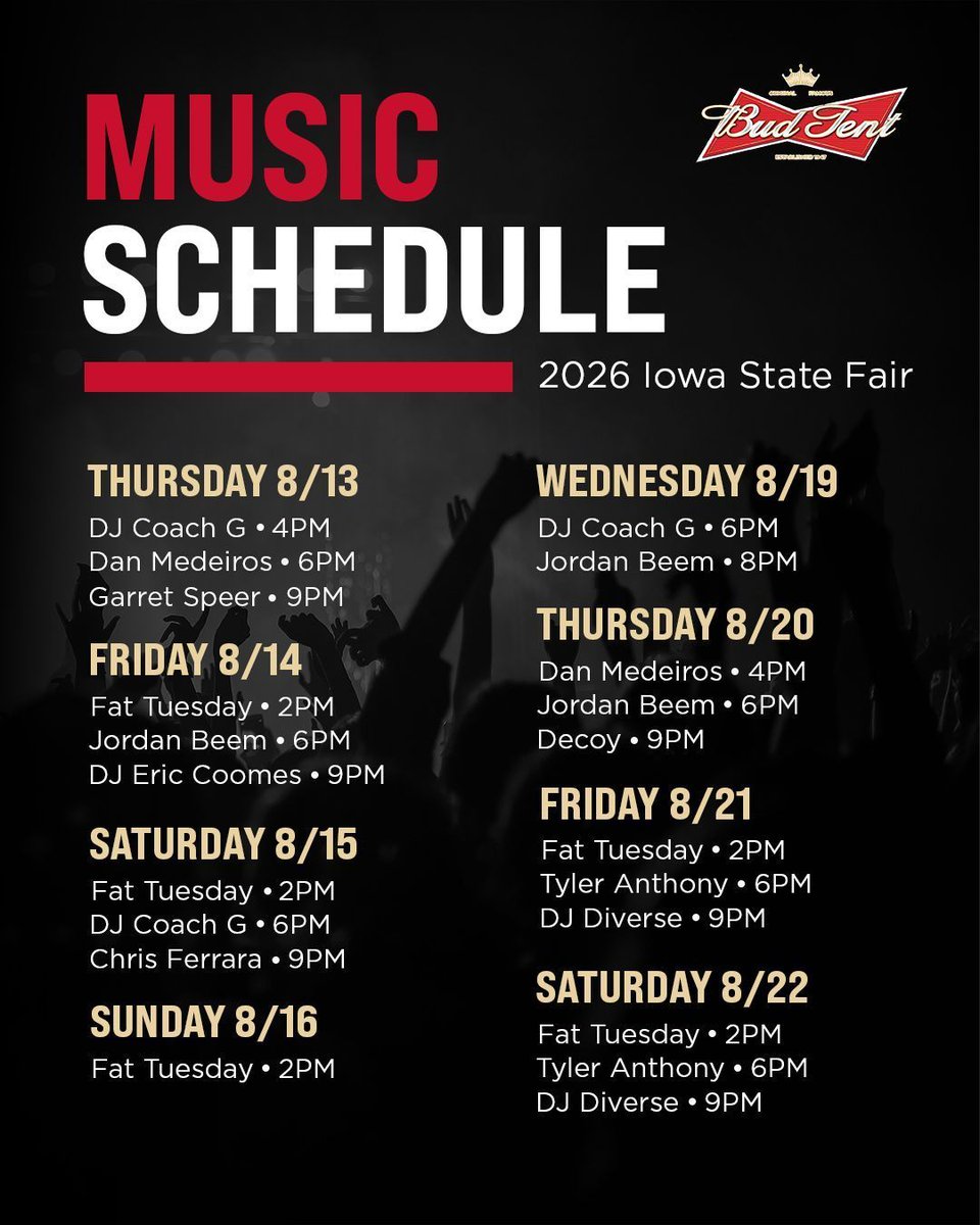 TheBudTent's tweet photo. Cue the music... the Bud Tent lineup is officially here! 🎶🍻

Whether you're stopping by for your favorite artist, taking a break between Fair adventures, or just looking for a great place to kick back with friends, we've got live music waiting for you.

#LiveMusic #DesMoines https://t.co/CcVScla70U