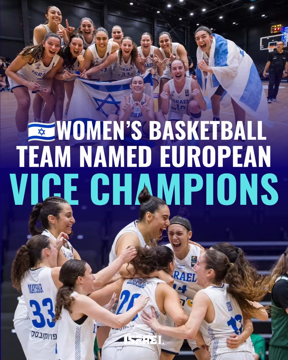 Israel's tweet photo. A historic achievement for Israel’s women’s U20 basketball team at the European Championship in Portugal 🏀🇮🇱🥈 
The team claimed a historic silver medal to become European vice champions, with Gal Raviv leading the way with 29 points in the final 👏 
An incredible tournament and another proud moment for Israeli basketball 🇮🇱  
📸 FIBA