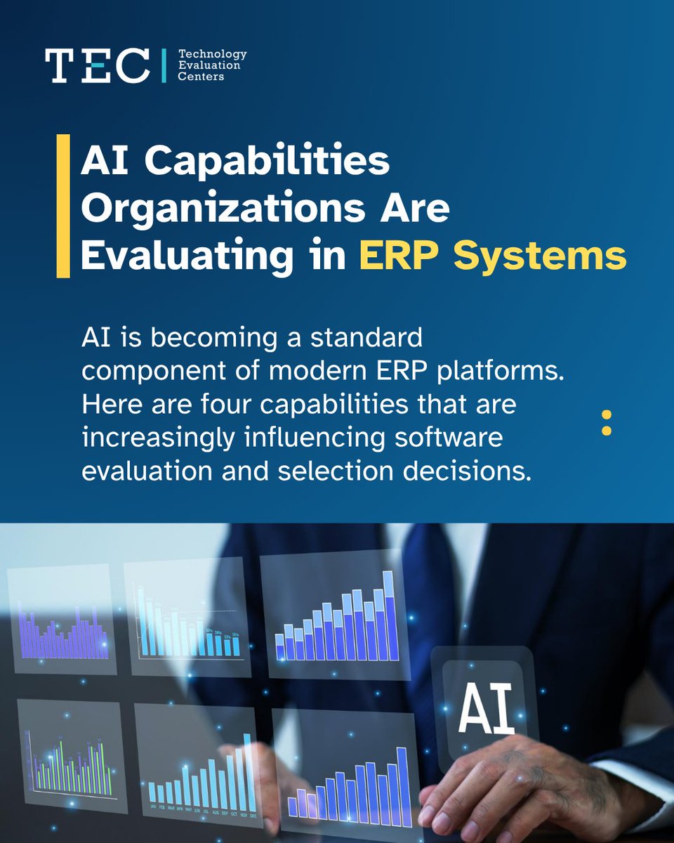 TECtweets's tweet photo. Many ERP vendors now include AI. Which capabilities improve planning, support decisions, and deliver value? This 4-slide carousel shows AI-enabled ERP features organizations evaluate. Need an independent ERP selection view? TEC can help. #ERP #AI #EnterpriseSoftware https://t.co/YD5mSXgWvP