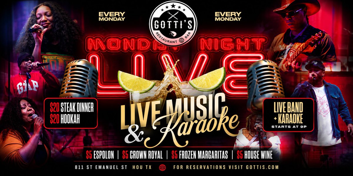 GottisHtx's tweet photo. Mondays hit different at Gotti's. Monday: Live Music, Open Mic &amp; Karaoke brings raw talent, bold energy, and late-night vibes that don't quit. Doors at 7 PM, showtime 9:30 PM. Pull up, take the mic, or just catch the wave 🎤🔥 #Gottis #LiveMusic #OpenMic #Karaoke https://t.co/zIBmH4Cstk