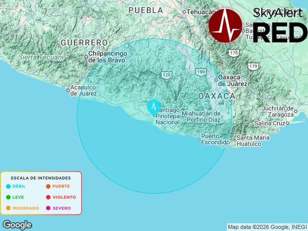 SkyAlertMx's tweet photo. #SismoFinalizado
  Intensidad 🔵“DÉBIL”🔵 en #PinotepaNacional, Oax.
  Recibiste la notificación si estás dentro de los radios de alertamiento.
  Descarga #SkyAlert: https://t.co/utcJz1LFMg
  08:58:13 - 13/07/2026 https://t.co/nyFuYzq3zI