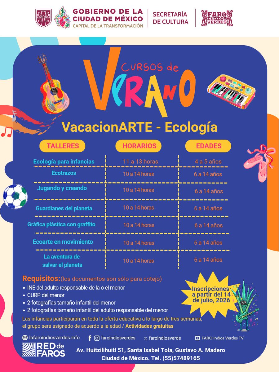 FaroIndiosVerde's tweet photo. Este verano nos vamos a volver guardianes del planeta
VacacionARTE - Ecología 2026
3 semanas de talleres GRATIS en FARO Indios Verdes
Inscripciones desde el 14 de julio
¡Cáele! El planeta nos necesita 💚
#VacacionArte #FaroIndiosVerdes https://t.co/DkvAXp3Usy