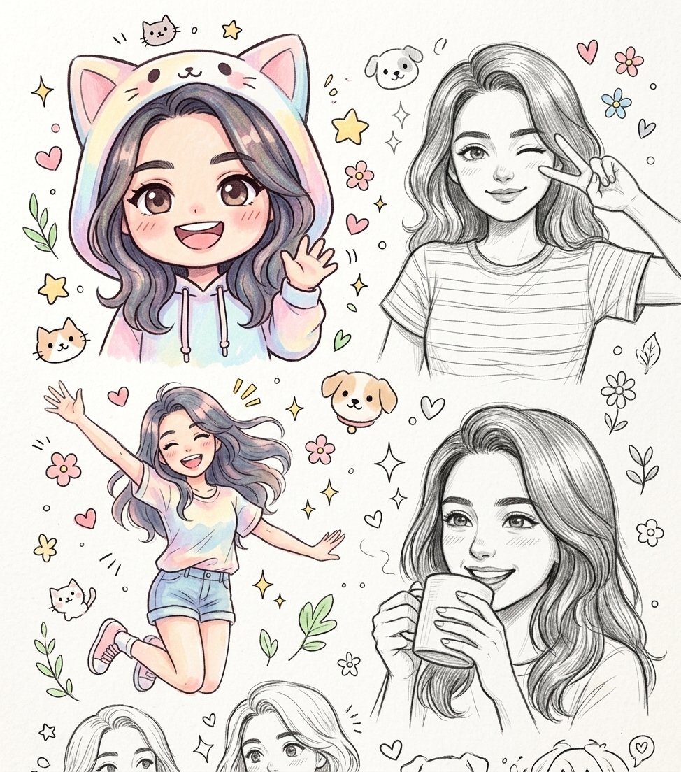 isl3li's tweet photo. Prompt 🖼⤵️

Use the uploaded image as the facial reference and preserve the subject's facial identity with maximum accuracy. Create a cheerful sketchbook page featuring the same gender-neutral character illustrated multiple times in different anime/chibi sketch styles with varied poses, expressions, outfits, and angles. About half of the drawings are fully rendered in soft pastel colors, while the other half remain clean graphite pencil sketches with subtle shading. Fill the page with cute doodles like tiny animals, flowers, stars, hearts, and sparkles. Textured sketchbook paper, authentic hand-drawn line art, lively, ultra-detailed, masterpiece.