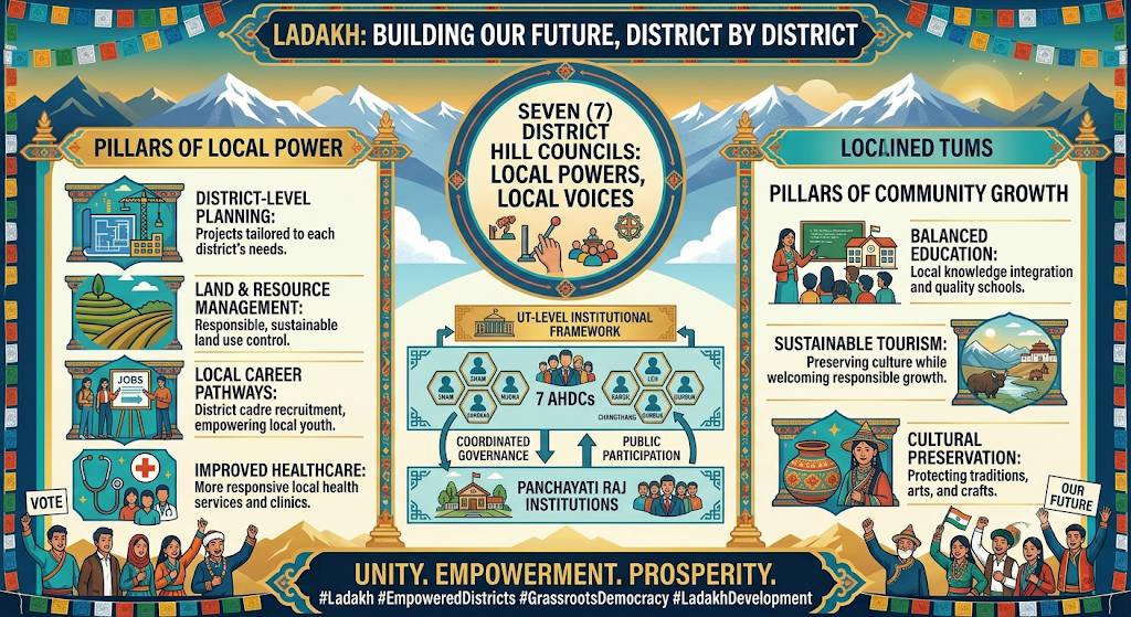 Tally_Facts's tweet photo. Democratic decentralisation advances in Ladakh with seven Autonomous Hill Development Councils, dedicated Council Funds and district-led planning, strengthening local representation while ensuring coordinated governance and balanced regional development. 

#LadakhDevelopment https://t.co/XRyEUDIBzG