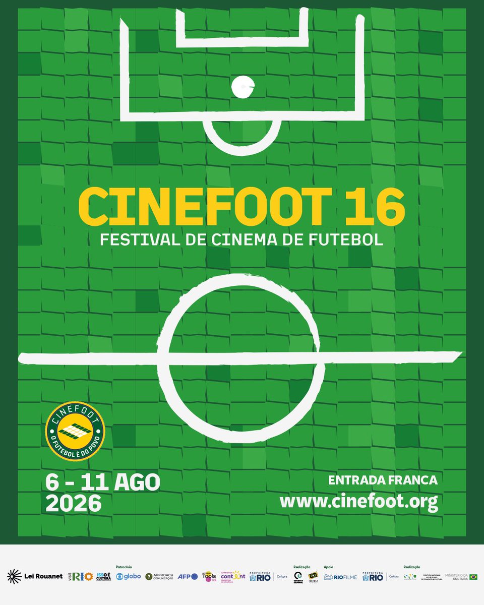 CINEfoot's tweet photo. CINEFOOT-16. A GRANDE FESTA DO CINEMA DE FUTEBOL COMEÇA EM AGOSTO. 
 
O CINEFOOT entra em campo com a sua 16ª edição, de 6 a 11 de agosto, no Rio de Janeiro e São Paulo, com entrada franca. https://t.co/HThG7elhCC