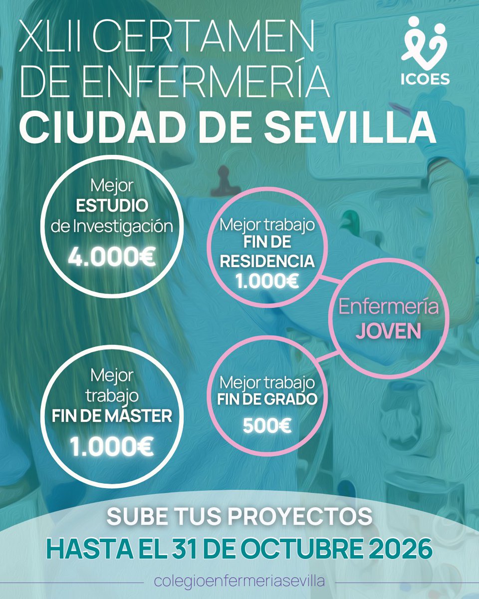 ICOESevilla's tweet photo. 🤔 ¿Sabías que tu #Investigación vale 4.000€ en el ICOES?
Presenta tu trabajo de investigación al XLII #CertamenEnfermería 'Ciudad de Sevilla' 
🔎 BASES: https://t.co/5Lu3TDqmAI
🔗 @consejo_andaluz @saludand  @Efp_US  @pablodeolavide  @FProgresoysalud 
#Enfermería #TFG #TFM #EIR https://t.co/XYYUJ3Jn56