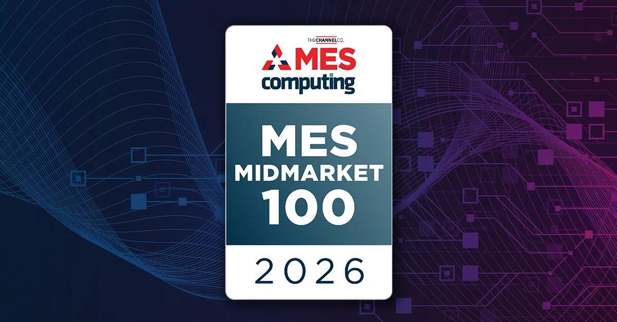 The 2026 M.E.S. Midmarket 100 badge, a vertical rectangle that says, "The Channel Co: M.E.S. Computing; M.E.S. Midmarket 100 2026," set against a horizontal dark-blue-to-dark-purple-to-magenta gradient background covered by thin interconnected lines and squares, also in a horizontal gradient in lighter shades of the background's colors.