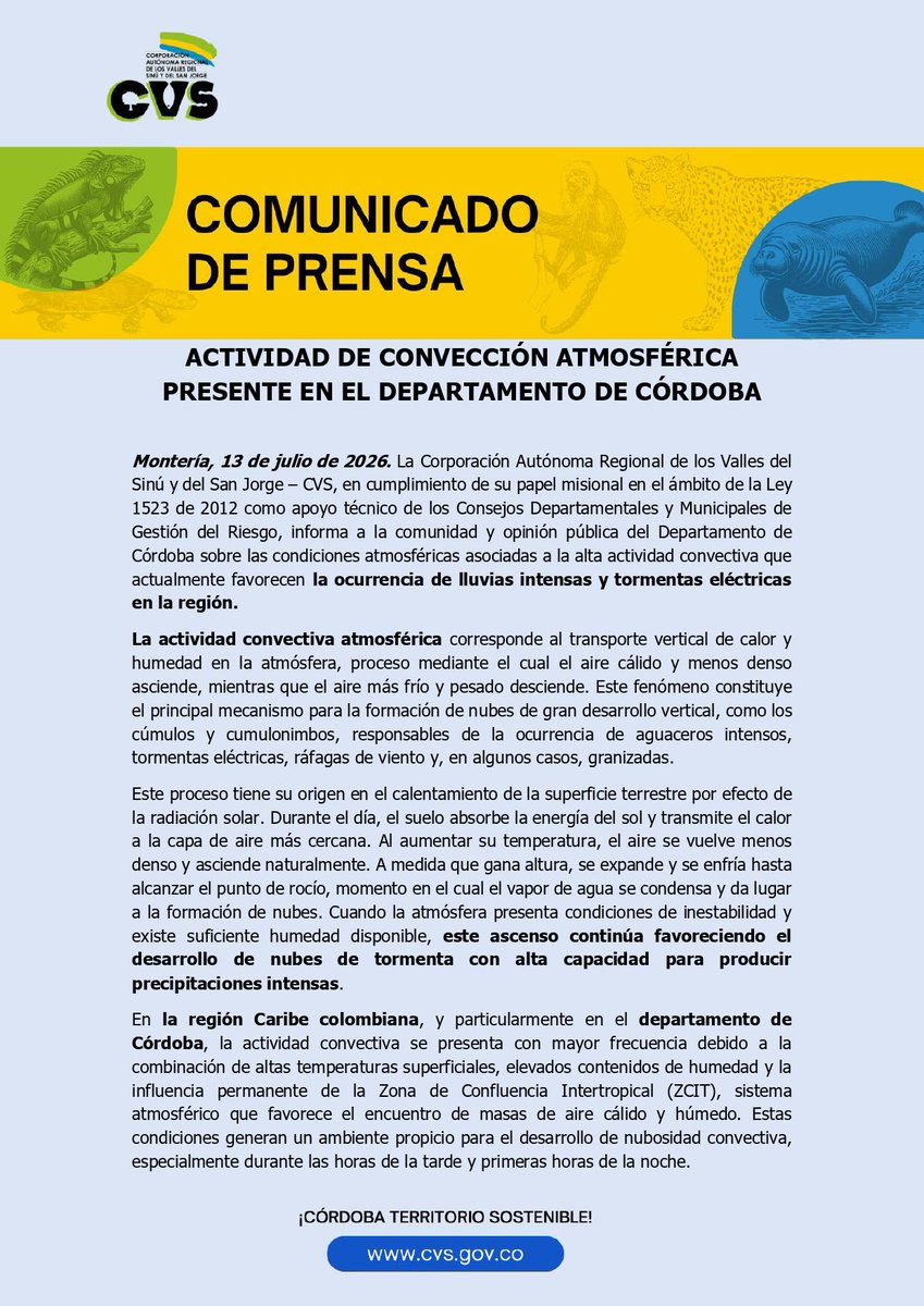 CorporacionCVS's tweet photo. #CVSInforma ⚠️ La actividad de convección atmosférica presente en #Córdoba favorece lluvias intensas y tormentas eléctricas, especialmente en la tarde y noche.
Conoce todos los detalles aquí. 👇 https://t.co/H6XgWQcMqp