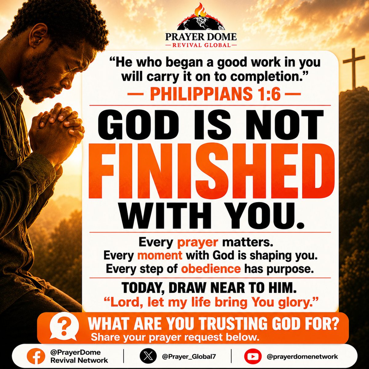 Prayer_Global7's tweet photo. God is not finished with you.

The work He started, He will complete.

"He who began a good work in you will carry it on to completion."
Philippians 1:6

What are you trusting God for this week? Share it below. We're praying with you.

#Philippians16 #Faith #Prayer https://t.co/8Qgib9KB0H