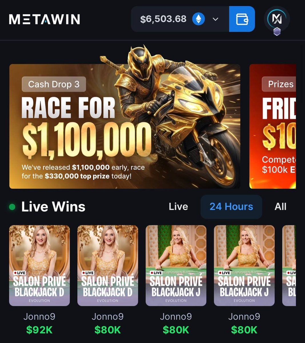 Ministerr's tweet photo. We are now 2 days away from @MetaWin’s $1.1M leaderboard paying out

This is the largest 1-week casino leaderboard I’ve ever seen

If you’re into gambling definitely make sure to do it there so you don’t miss out on the extra $$

And if you need funds to spin comment your wallet

I’ve got another $300 for 1 of you