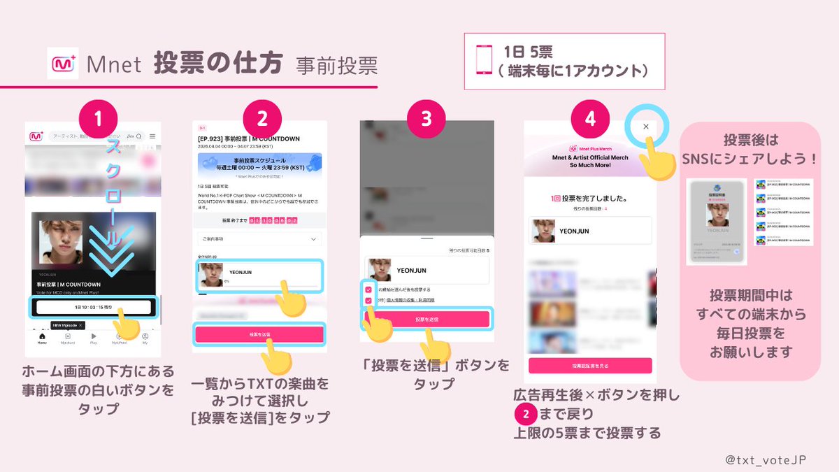 txt_voteJP's tweet photo. ／
📣拡散希望📣
Ⓜ️ M COUNTDOWN (エムカ)
事前投票最終日‼️
＼
 
リセットされました
#YEONJUN_IceCream 現在3位🔥

🏆のために多くのMOAの力が必要です
今から参加でもOK👍
最後まで全力で投票呼び掛けと、全端末からの投票をお忘れなく🔥

🗳MnetPlusアプリにて
🗓️7/11(土)～7/14(火)23:59
🔸1端末1アカより5票/1日投票可
🔸毎日0:00リセット
🔸お持ちの全ての端末から投票を
🔸️集票は不要です🙆‍♀️

🔻投票方法など画像または引用📮参照

#MOAisONE