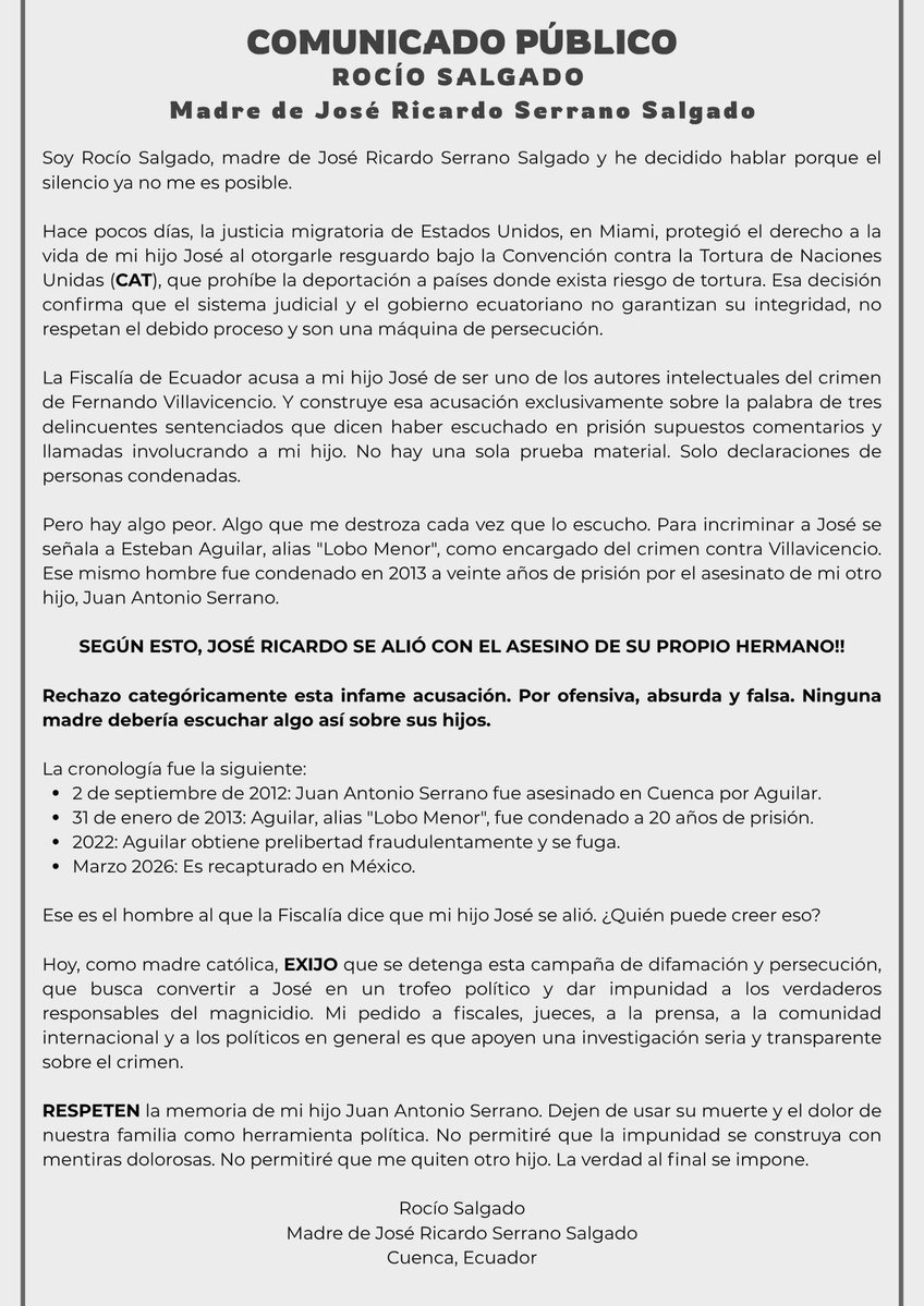 ecuainm_oficial's tweet photo. ‼️#URGENTE
Rocío Salgado, madre de José Serrano, afirmó que una corte migratoria de Estados Unidos otorgó a su hijo protección bajo la Convención contra la Tortura (CAT), al considerar que enfrentaría riesgos si fuera deportado a Ecuador. Además, rechazó las acusaciones de la Fiscalía en el caso del asesinato de Fernando Villavicencio y aseguró que uno de los implicados señalados en el proceso fue condenado por el asesinato de otro de sus hijos, Juan Antonio Serrano. Sostuvo que no existen pruebas materiales contra José Serrano y pidió una investigación seria y transparente.
