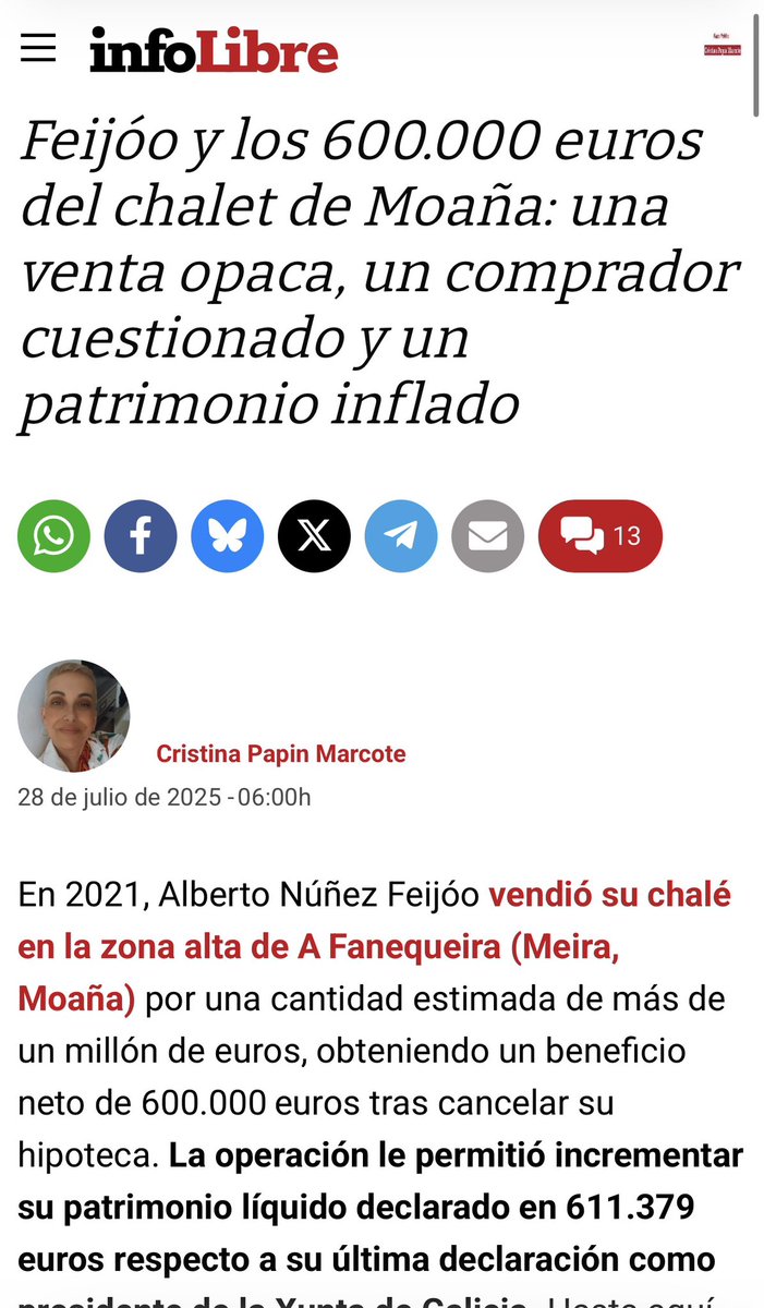crispmarcote's tweet photo. Vaya, vaya…

Una curiosa coincidencia: apenas semanas después de su salida de Indra, hoy lunes, José Vicente de los Mozos, ha reaparecido públicamente en un acto de Nueva Economía Fórum como Presidente de IFEMA, presentado por Isabel Díaz Ayuso.

El nombramiento en 2020 por unanimidad, como presidente del Comité Ejecutivo de IFEMA de José Vicente de los Mozos, aprobado por una Junta Rectora presidida por Ayuso, en la que tienen un peso determinante la Comunidad y el Ayuntamiento de Madrid, ambos gobernados por el PP, dio mucho que hablar. 

Cuando siempre las mismas personas coinciden una y otra vez en los principales espacios de poder político, institucional y empresarial que maneja el Partido Popular, la transparencia y la rendición de cuentas deberían ser aún mayores.

De los Mozos, estaba también en Indra, donde también está un cuñado de Feijóo, hermano de su pareja. La Xunta de Galicia contrata con Indra…

En 2023, Feijóo lo quería como Ministro de Industria cuando pensaba que sería Presidente del Gobierno. 

También aparece en 2021 como comprador del chalet que vendió Feijóo y que nunca ha dado cuenta del precio real de venta. Qué coincidencia todo, ¿verdad? 

Aquí lo contaba: https://t.co/VfrfjufHKx