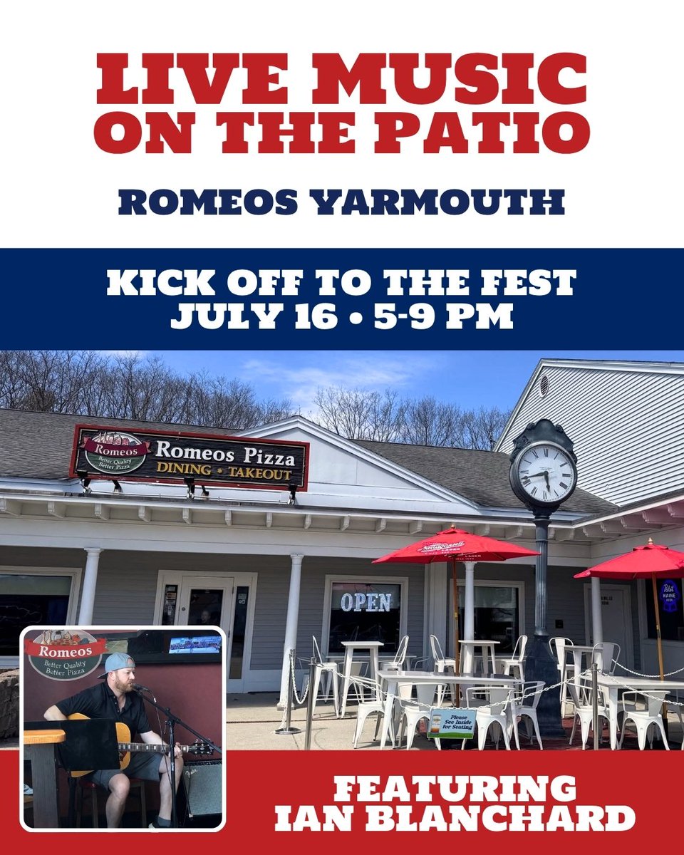RomeosME's tweet photo. Summer sounds best on the patio. 🎶☀️

Live music is coming to Romeos Yarmouth! Join us for our Kick Off to the Fest on July 16 from 5 to 9 PM, featuring Ian Blanchard.

Grab a seat outside, kick back with cold drinks and your Romeos favorites. See you! https://t.co/g63WzOfcUv https://t.co/GDOZQiAAcK
