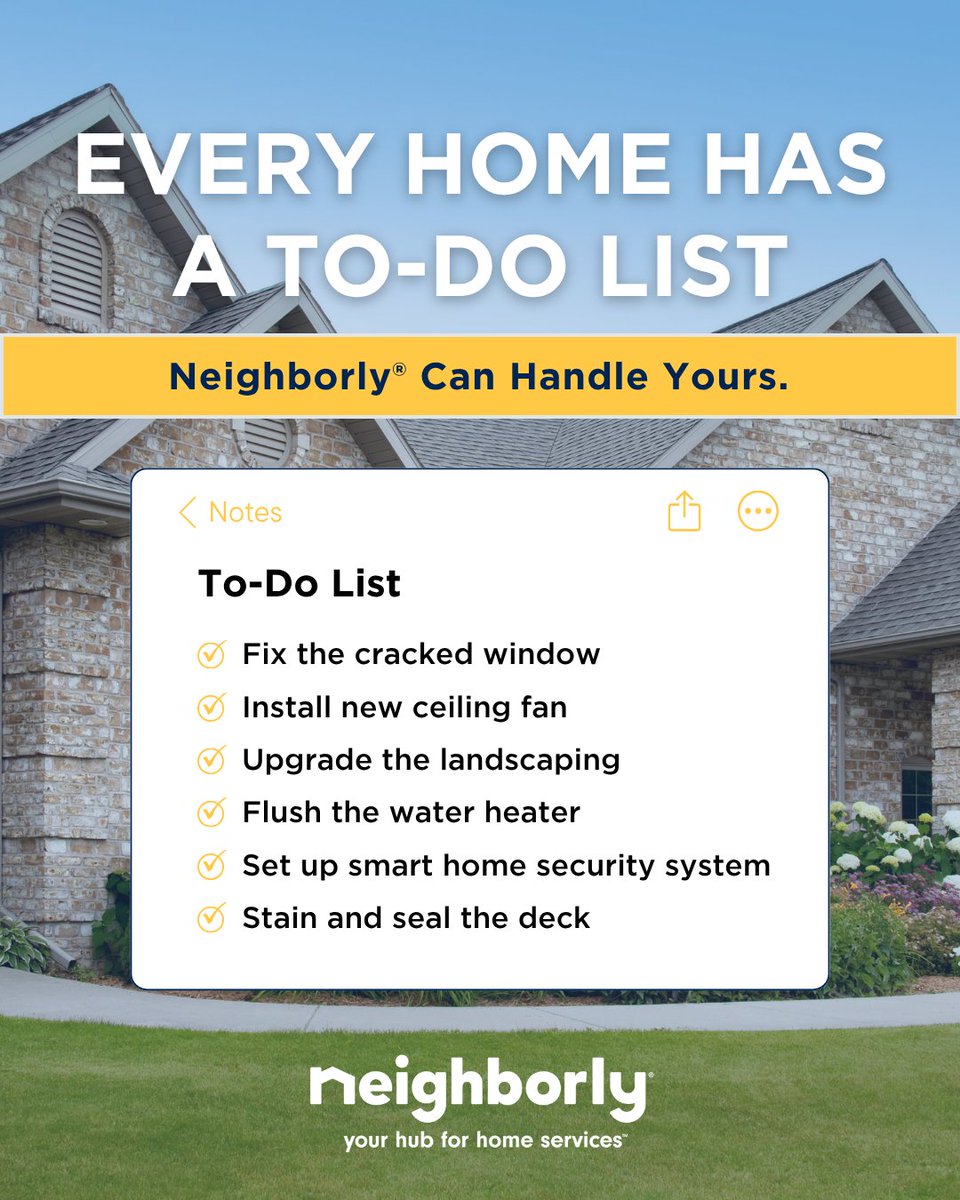 Neighborly's tweet photo. Your to-do list is growing—but you don’t have to tackle it alone. ✅

Whether you plan to upgrade your outdoor landscaping, set up smart-home security, or fix that cracked window, Neighborly connects you with reliable home service professionals you can... https://t.co/BrlSixyzwy https://t.co/ZRQ4TkK7Jk