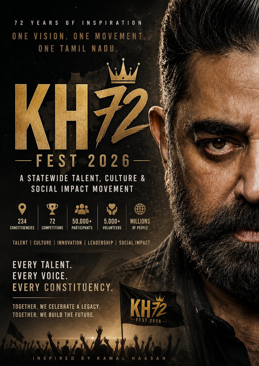 iamgreasedabba's tweet photo. 𝗞𝗛72 𝗙𝗘𝗦𝗧 2026: 𝗔 𝗦𝘁𝗮𝘁𝗲𝘄𝗶𝗱𝗲 𝗠𝗼𝘃𝗲𝗺𝗲𝗻𝘁 𝗖𝗲𝗹𝗲𝗯𝗿𝗮𝘁𝗶𝗻𝗴 𝗧𝗮𝗹𝗲𝗻𝘁, 𝗖𝘂𝗹𝘁𝘂𝗿𝗲 𝗮𝗻𝗱 𝗦𝗼𝗰𝗶𝗮𝗹 𝗜𝗺𝗽𝗮𝗰𝘁

𝗧𝗿𝗮𝗻𝘀𝗳𝗼𝗿𝗺𝗶𝗻𝗴 72 𝗬𝗲𝗮𝗿𝘀 𝗼𝗳 𝗜𝗻𝘀𝗽𝗶𝗿𝗮𝘁𝗶𝗼𝗻 𝗶𝗻𝘁𝗼 𝗮 𝗣𝗲𝗼𝗽𝗹𝗲'𝘀 𝗠𝗼𝘃𝗲𝗺𝗲𝗻𝘁

Tamil Nadu is set to witness one of its most ambitious cultural and talent-driven initiatives with the launch of 𝗞𝗛72 𝗙𝗘𝗦𝗧 2026, a statewide celebration inspired by the remarkable 72-year journey of actor, filmmaker, writer, visionary, and political leader Kamal Haasan.

More than a birthday celebration, 𝗞𝗛72 𝗙𝗘𝗦𝗧 is envisioned as a people's movement that brings together talent, creativity, innovation, leadership, and social responsibility under one platform. The festival aims to engage individuals from all walks of life, providing opportunities for aspiring artists, creators, students, professionals, and community leaders to showcase their abilities while celebrating the values that Kamal Haasan has championed throughout his life.

With participation planned across all 234 𝗰𝗼𝗻𝘀𝘁𝗶𝘁𝘂𝗲𝗻𝗰𝗶𝗲𝘀 𝗼𝗳 𝗧𝗮𝗺𝗶𝗹 𝗡𝗮𝗱𝘂, 𝗞𝗛72 𝗙𝗘𝗦𝗧 seeks to become one of the largest grassroots cultural movements in the state's recent history.

𝗔 𝗙𝗲𝘀𝘁𝗶𝘃𝗮𝗹 𝗕𝗲𝘆𝗼𝗻𝗱 𝗖𝗲𝗹𝗲𝗯𝗿𝗮𝘁𝗶𝗼𝗻

For over six decades, Kamal Haasan has inspired generations through his contributions to cinema, literature, social thought, innovation, and public life. His journey represents continuous learning, artistic excellence, fearless experimentation, and a commitment to societal progress.

𝗞𝗛72 𝗙𝗘𝗦𝗧 aims to translate this legacy into action by creating a platform where people are not merely spectators but active participants.

The festival is designed around a simple yet powerful belief:

"𝗘𝘃𝗲𝗿𝘆 𝗧𝗮𝗹𝗲𝗻𝘁. 𝗘𝘃𝗲𝗿𝘆 𝗩𝗼𝗶𝗰𝗲. 𝗘𝘃𝗲𝗿𝘆 𝗖𝗼𝗻𝘀𝘁𝗶𝘁𝘂𝗲𝗻𝗰𝘆."

By empowering local communities and encouraging constituency-level participation, the festival hopes to identify hidden talent from urban centers, rural villages, educational institutions, and community organizations throughout Tamil Nadu.

234 𝗖𝗼𝗻𝘀𝘁𝗶𝘁𝘂𝗲𝗻𝗰𝗶𝗲𝘀, 𝗢𝗻𝗲 𝗩𝗶𝘀𝗶𝗼𝗻

One of the most unique aspects of 𝗞𝗛72 𝗙𝗘𝗦𝗧 is its constituency ownership model.

Instead of limiting participation to a single city or venue, every constituency will have the opportunity to become an active contributor to the festival's success. Local coordinators, volunteers, community leaders, and supporters will work together to identify participants, organize registrations, and promote the festival within their regions.

This approach transforms 𝗞𝗛72 𝗙𝗘𝗦𝗧from an event into a statewide movement driven by people and communities.

The objective is not merely to conduct competitions but to build connections between talent, culture, and community participation.

72 𝗖𝗼𝗺𝗽𝗲𝘁𝗶𝘁𝗶𝗼𝗻𝘀 𝗔𝗰𝗿𝗼𝘀𝘀 𝗗𝗶𝘃𝗲𝗿𝘀𝗲 𝗖𝗮𝘁𝗲𝗴𝗼𝗿𝗶𝗲𝘀

The festival will feature 72 𝗖𝗼𝗺𝗽𝗲𝘁𝗶𝘁𝗶𝗼𝗻𝘀  spanning multiple disciplines, ensuring participation opportunities for people of all ages and interests.

𝗧𝗵𝗲 𝗰𝗮𝘁𝗲𝗴𝗼𝗿𝗶𝗲𝘀 𝗶𝗻𝗰𝗹𝘂𝗱𝗲:  

• 𝗣𝗲𝗿𝗳𝗼𝗿𝗺𝗶𝗻𝗴 𝗔𝗿𝘁𝘀 
• 𝗠𝘂𝘀𝗶𝗰 𝗮𝗻𝗱 𝗗𝗮𝗻𝗰𝗲 
• 𝗟𝗶𝘁𝗲𝗿𝗮𝘁𝘂𝗿𝗲 𝗮𝗻𝗱 𝗪𝗿𝗶𝘁𝗶𝗻𝗴 
• 𝗖𝗶𝗻𝗲𝗺𝗮 𝗮𝗻𝗱 𝗠𝗲𝗱𝗶𝗮 
• 𝗖𝗿𝗲𝗮𝘁𝗶𝘃𝗲 𝗔𝗿𝘁𝘀 𝗮𝗻𝗱 𝗗𝗲𝘀𝗶𝗴𝗻 
• 𝗣𝗵𝗼𝘁𝗼𝗴𝗿𝗮𝗽𝗵𝘆 
• 𝗣𝘂𝗯𝗹𝗶𝗰 𝗦𝗽𝗲𝗮𝗸𝗶𝗻𝗴 𝗮𝗻𝗱 𝗗𝗲𝗯𝗮𝘁𝗲 
• 𝗜𝗻𝗻𝗼𝘃𝗮𝘁𝗶𝗼𝗻 𝗮𝗻𝗱 𝗘𝗻𝘁𝗿𝗲𝗽𝗿𝗲𝗻𝗲𝘂𝗿𝘀𝗵𝗶𝗽 • 𝗦𝗼𝗰𝗶𝗮𝗹 𝗜𝗺𝗽𝗮𝗰𝘁 𝗜𝗻𝗶𝘁𝗶𝗮𝘁𝗶𝘃𝗲𝘀 
• 𝗗𝗶𝗴𝗶𝘁𝗮𝗹 𝗮𝗻𝗱 𝗦𝗼𝗰𝗶𝗮𝗹 𝗠𝗲𝗱𝗶𝗮 𝗖𝗵𝗮𝗹𝗹𝗲𝗻𝗴𝗲𝘀 
• 𝗙𝗮𝗺𝗶𝗹𝘆 𝗮𝗻𝗱 𝗖𝗼𝗺𝗺𝘂𝗻𝗶𝘁𝘆 𝗘𝗻𝗴𝗮𝗴𝗲𝗺𝗲𝗻𝘁 𝗔𝗰𝘁𝗶𝘃𝗶𝘁𝗶𝗲𝘀

From poetry and painting to filmmaking and innovation, participants will have the opportunity to showcase their skills on a state-level platform.

𝗢𝗽𝗽𝗼𝗿𝘁𝘂𝗻𝗶𝘁𝗶𝗲𝘀 𝗳𝗼𝗿 𝗘𝘃𝗲𝗿𝘆 𝗚𝗲𝗻𝗲𝗿𝗮𝘁𝗶𝗼𝗻

𝗞𝗛72 𝗙𝗘𝗦𝗧 is designed to be inclusive and accessible to all age groups.

Special categories will be available for:

Children
Students and Youth
Working Professionals
Senior Citizens
Community Organizations
Emerging Creators and Innovators

The festival aims to create an environment where talent is celebrated regardless of age, background, or experience.

𝗙𝗲𝘀𝘁𝗶𝘃𝗮𝗹 𝗪𝗲𝗲𝗸: 𝗡𝗼𝘃𝗲𝗺𝗯𝗲𝗿 1-7, 2026

The culmination of months of participation and competition will be a grand seven-day festival scheduled from 𝗡𝗼𝘃𝗲𝗺𝗯𝗲𝗿 1 𝘁𝗼 𝗡𝗼𝘃𝗲𝗺𝗯𝗲𝗿 7, 2026.
Each day will focus on a specific theme, including literature, arts, dance, music, cinema, innovation, and social impact.

The celebrations will conclude with a prestigious awards ceremony recognizing outstanding participants and honoring exceptional contributions to creativity, leadership, and community service.

𝗘𝗻𝗰𝗼𝘂𝗿𝗮𝗴𝗶𝗻𝗴 𝗦𝗼𝗰𝗶𝗮𝗹 𝗜𝗺𝗽𝗮𝗰𝘁

𝗞𝗛72 𝗙𝗘𝗦𝗧 extends beyond talent discovery.

The festival will also encourage initiatives focused on:

Youth Empowerment

Education

Community Development

Volunteerism

Civic Participation

Public Awareness Campaigns

Through these initiatives, the organizers hope to inspire meaningful contributions toward social progress and community well-being.

𝗔 𝗣𝗹𝗮𝘁𝗳𝗼𝗿𝗺 𝗳𝗼𝗿 𝗦𝗽𝗼𝗻𝘀𝗼𝗿𝘀 𝗮𝗻𝗱 𝗣𝗮𝗿𝘁𝗻𝗲𝗿𝘀

The scale and vision of 𝗞𝗛72 𝗙𝗘𝗦𝗧 present a unique opportunity for organizations, institutions, and businesses to become part of a transformative statewide initiative.

Sponsors and partners will gain access to a highly engaged and diverse audience while supporting talent development, cultural enrichment, and social impact.

The festival is expected to generate significant visibility through digital platforms, traditional media, community engagement activities, and large-scale public participation.

𝗟𝗼𝗼𝗸𝗶𝗻𝗴 𝗕𝗲𝘆𝗼𝗻𝗱 2026

While 𝗞𝗛72 𝗙𝗘𝗦𝗧 celebrates a significant milestone, its vision extends far beyond a single year.

The long-term goal is to establish KH FEST as an annual platform that continues to nurture talent, promote cultural excellence, encourage innovation, and strengthen community participation across Tamil Nadu.

As preparations begin, organizers believe the festival has the potential to inspire thousands of individuals and create lasting positive impact throughout the state.

𝗞𝗛72 𝗙𝗘𝗦𝗧

72 𝗬𝗲𝗮𝗿𝘀 𝗼𝗳 𝗜𝗻𝘀𝗽𝗶𝗿𝗮𝘁𝗶𝗼𝗻  

𝗔 𝗦𝘁𝗮𝘁𝗲𝘄𝗶𝗱𝗲 𝗧𝗮𝗹𝗲𝗻𝘁, 𝗖𝘂𝗹𝘁𝘂𝗿𝗲 & 𝗦𝗼𝗰𝗶𝗮𝗹 𝗜𝗺𝗽𝗮𝗰𝘁 𝗠𝗼𝘃𝗲𝗺𝗲𝗻𝘁  

234 𝗖𝗼𝗻𝘀𝘁𝗶𝘁𝘂𝗲𝗻𝗰𝗶𝗲𝘀 • 72 𝗢𝗽𝗽𝗼𝗿𝘁𝘂𝗻𝗶𝘁𝗶𝗲𝘀 • 𝗢𝗻𝗲 𝗩𝗶𝘀𝗶𝗼𝗻 • 𝗢𝗻𝗲 𝗛𝗶𝘀𝘁𝗼𝗿𝗶𝗰 𝗠𝗼𝘃𝗲𝗺𝗲𝗻𝘁  

𝗧𝗼𝗴𝗲𝘁𝗵𝗲𝗿, 𝗪𝗲 𝗖𝗲𝗹𝗲𝗯𝗿𝗮𝘁𝗲 𝗮 𝗟𝗲𝗴𝗮𝗰𝘆. 𝗧𝗼𝗴𝗲𝘁𝗵𝗲𝗿, 𝗪𝗲 𝗕𝘂𝗶𝗹𝗱 𝘁𝗵𝗲 𝗙𝘂𝘁𝘂𝗿𝗲.

#KamalHaasan #KH72Fest