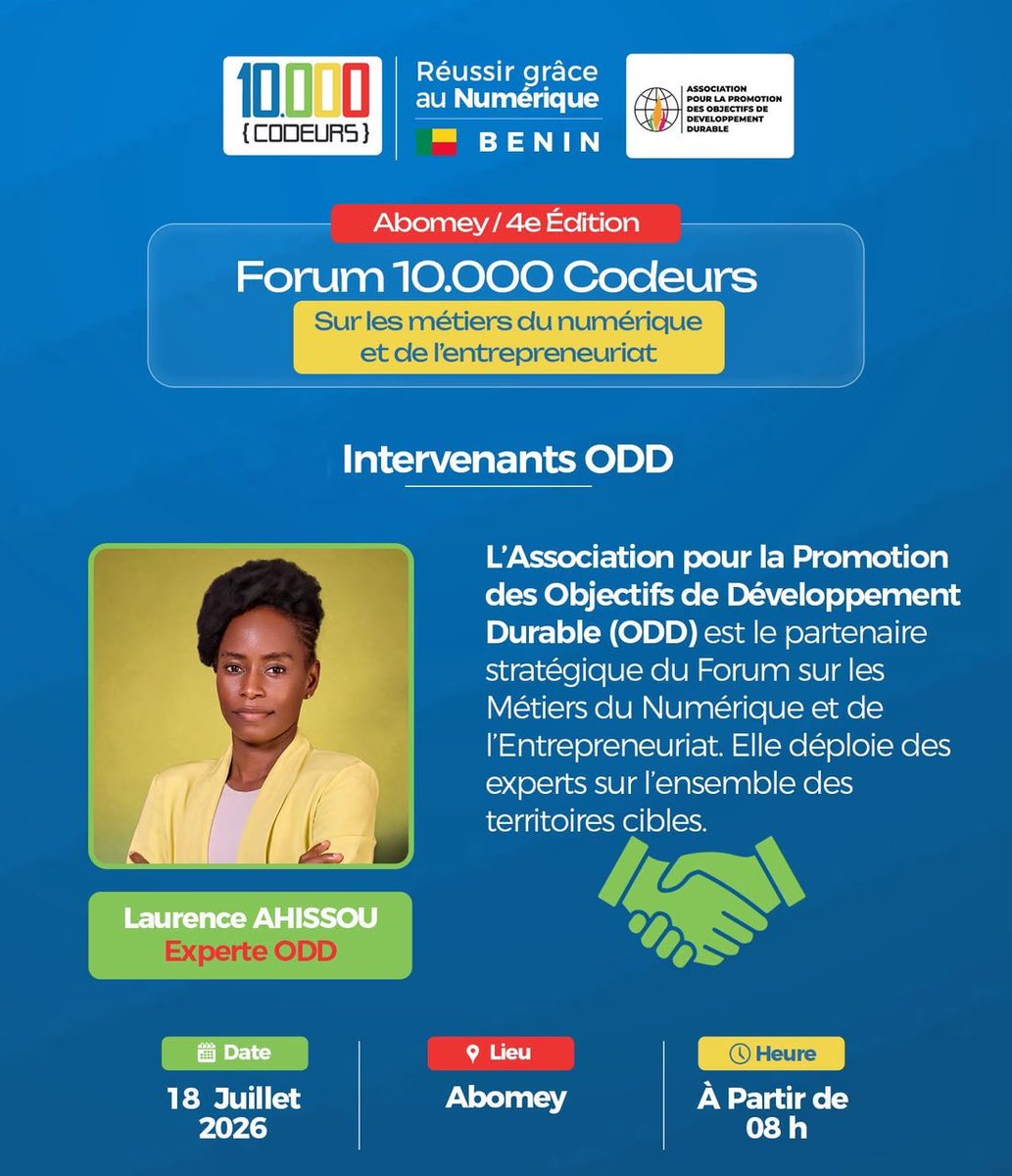 AhissouLau55715's tweet photo. Abomey sera aux couleurs des ODD (Objectifs de Développement Durable) le 18 juillet. Rendez vous àUniversité Nationale des Sciences, Technologies, ingénierie et Mathématiques à 8h à Abomey.
#AssociationpourlapromotiondesODD
#10000codeurs
#numerique
#entrepreneuriat https://t.co/A2QHNRTh4S
