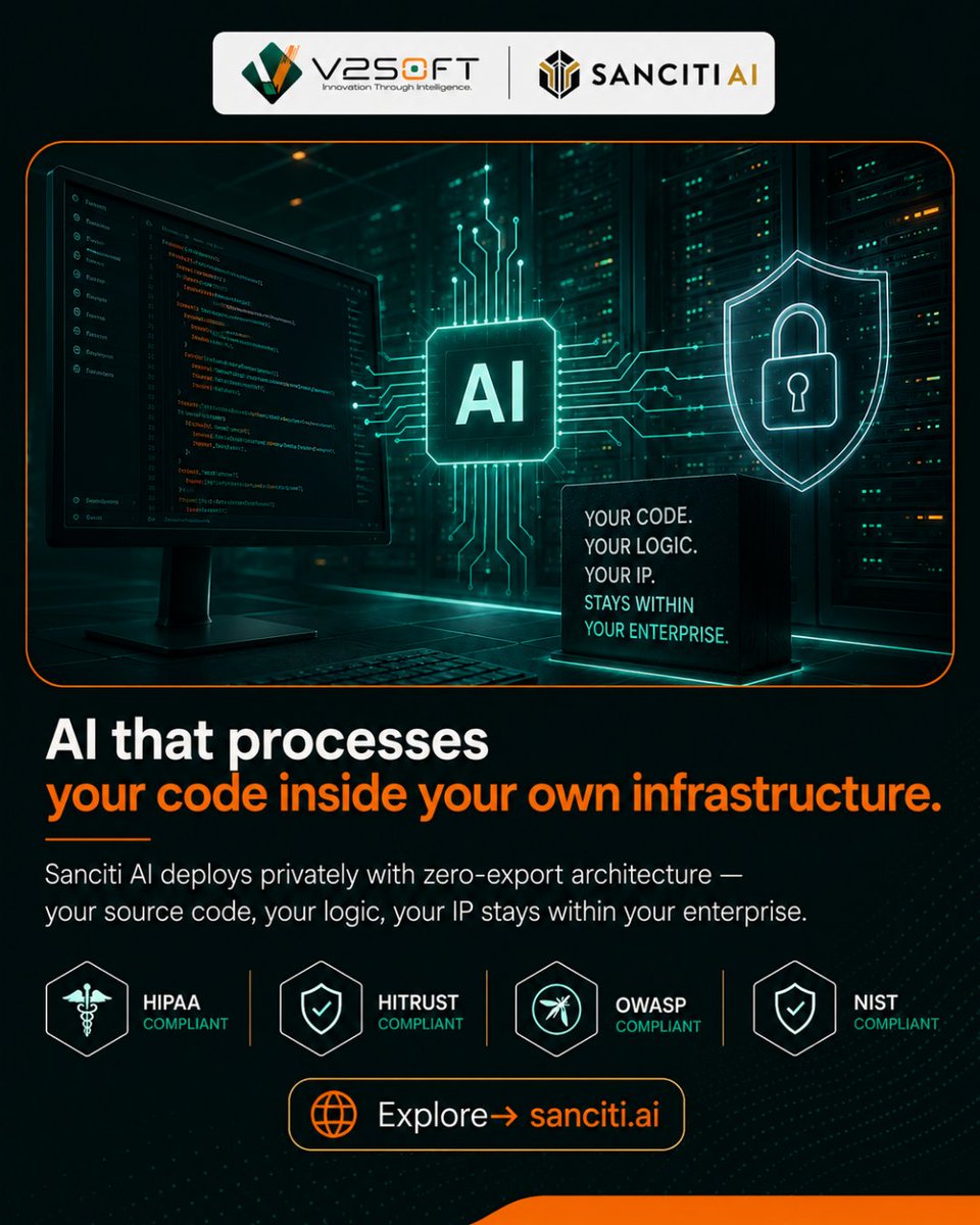 v2soft's tweet photo. Sanciti AI answers that clearly. Zero-export architecture. Private, single-tenant deployment. 
https://t.co/fzRbGy3tlv

#EnterpriseAISecurity #PrivateDeployment #ZeroExportArchitecture #HIPAACompliant #HITRUSTCompliant #AIGovernance #SecureAI #DataSecurity #ComplianceReady https://t.co/WJxhIuoBr1