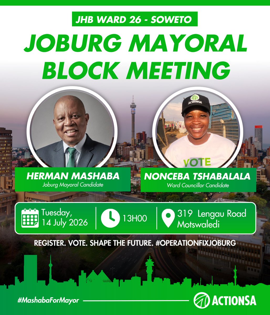HermanMashaba's tweet photo. 🔊 TAKING #OPERATIONFIXJOBURG DIRECTLY TO THE PEOPLE.

Tomorrow, I’ll be on the ground in Ward 26, Soweto, alongside our Ward Councillor Candidate, Nonceba Tshabala for a block meeting at 1pm.

Join us as we engage residents and work together to build a safer and better communities for All!!

#UnfinishedBusiness