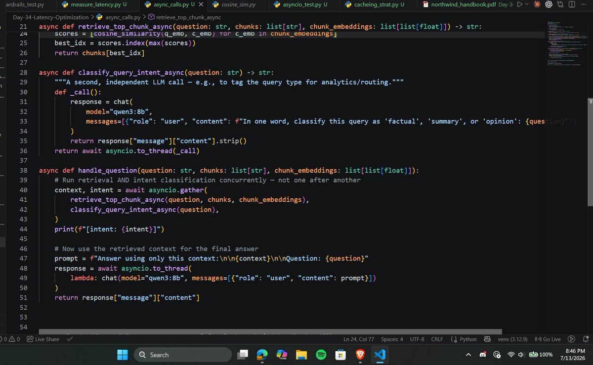 Asimmmm06's tweet photo. #LSPPDay43
Today I learned more on latency optimization: 
-Build async API calls
-Understand caching strategies
-Implement embedding caching
@lftechnology
#60DaysOfLearning2026 #LearningWithLeapfrog https://t.co/dBOuBYoKg5