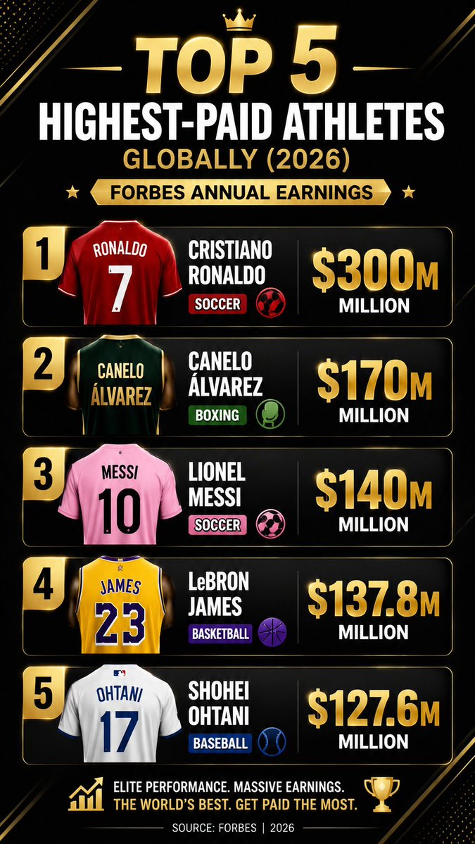 aitrending98's tweet photo. Forbes' World's Highest-Paid Athletes 2026 rankings. 

1. Cristiano Ronaldo (Soccer) — $300 million

2. Canelo Álvarez (Boxing) — $170 million

3. Lionel Messi (Soccer) — $140 million

4. LeBron James (Basketball) — $137.8 million

5. Shohei Ohtani (Baseball) — $127.6 million 

A few notable points:

Cristiano Ronaldo became the first active athlete to earn $300 million in a single year, retaining the No. 1 spot. 

Soccer has 2 players in the top five (Ronaldo and Messi).

The list also includes one athlete each from boxing, basketball, and baseball.