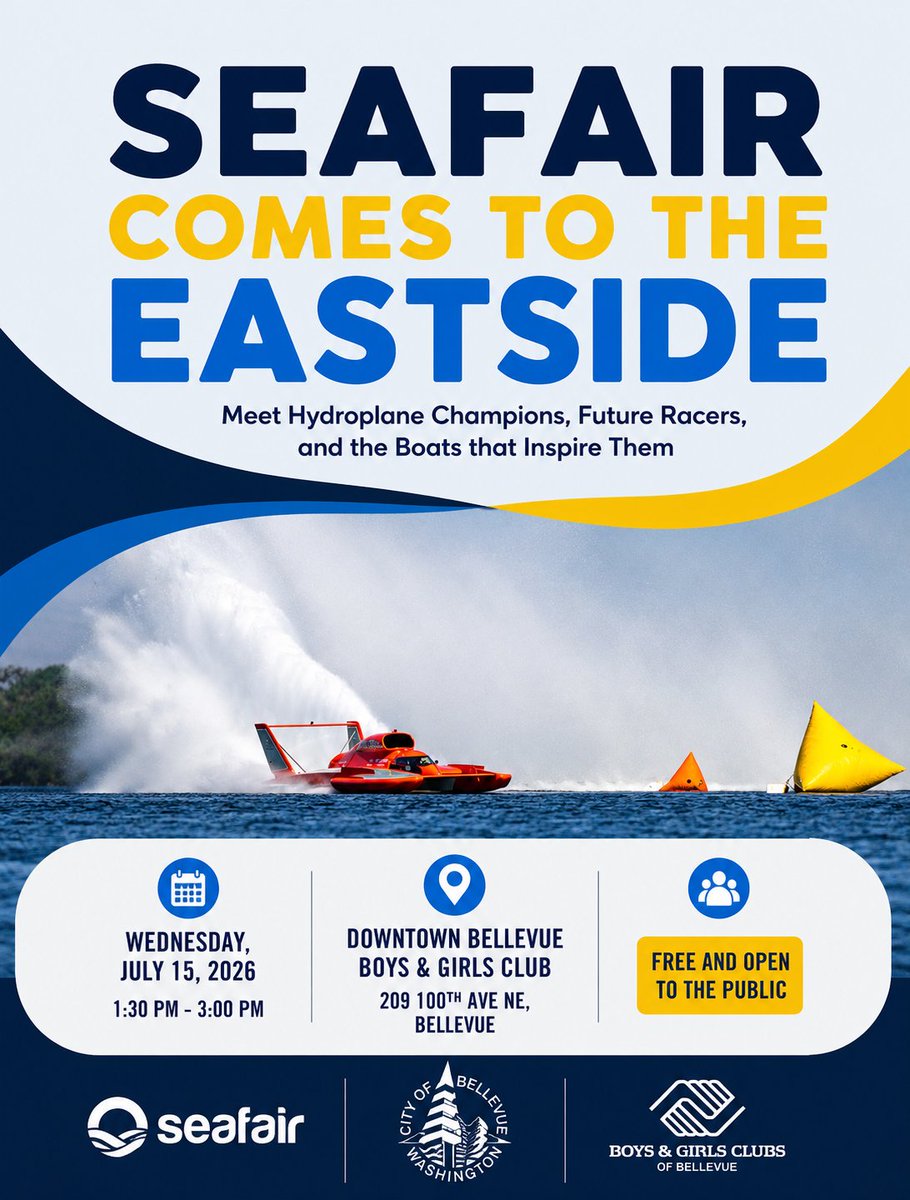 bellevuewa's tweet photo. Seafair is coming to Bellevue Wednesday! At the free, family-friendly event on July 15, 1:30-3 p.m. at the Boys and Girls Club downtown (209 100th Ave. NE), you'll have the chance to meet three Gold Cup Champions, see hydroplanes on display and test your skills in a hydroplane racing simulator.