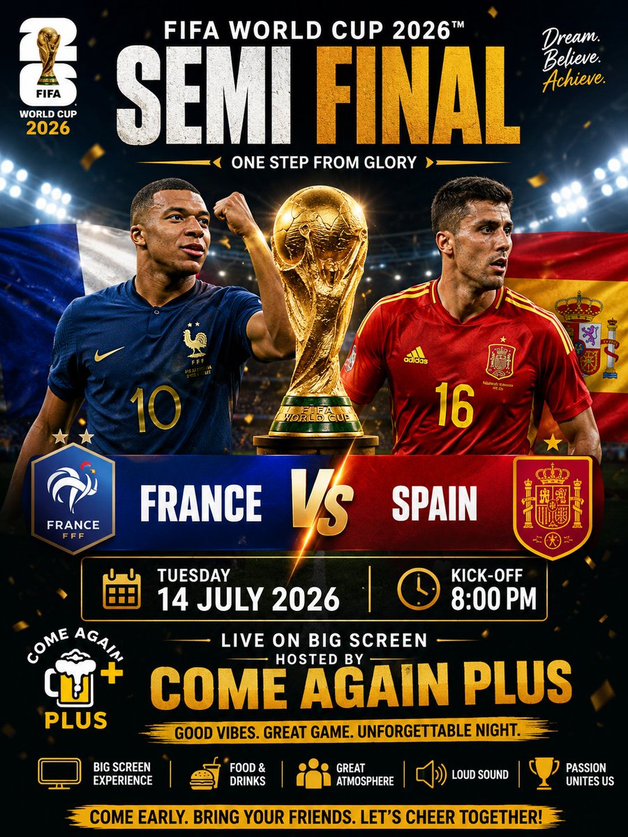 ComeAlex's tweet photo. FIFAWC2026 Semi-Final Match live at Come Again Plus on Big Screen.
Satisfaction Guaranteed. https://t.co/pCh93qSWKl