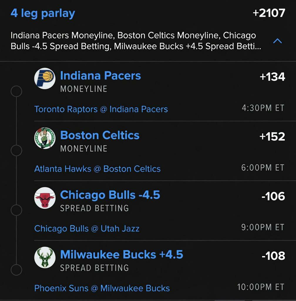 _PlayerProps's tweet photo. 4-Leg NBA Parlay locked in 🔥

Pacers ML • Celtics ML • Bulls -4.5 • Bucks +4.5
+2107 odds… 

Tonight we eat. 🏀💰 https://t.co/EKx8wkZ7c1