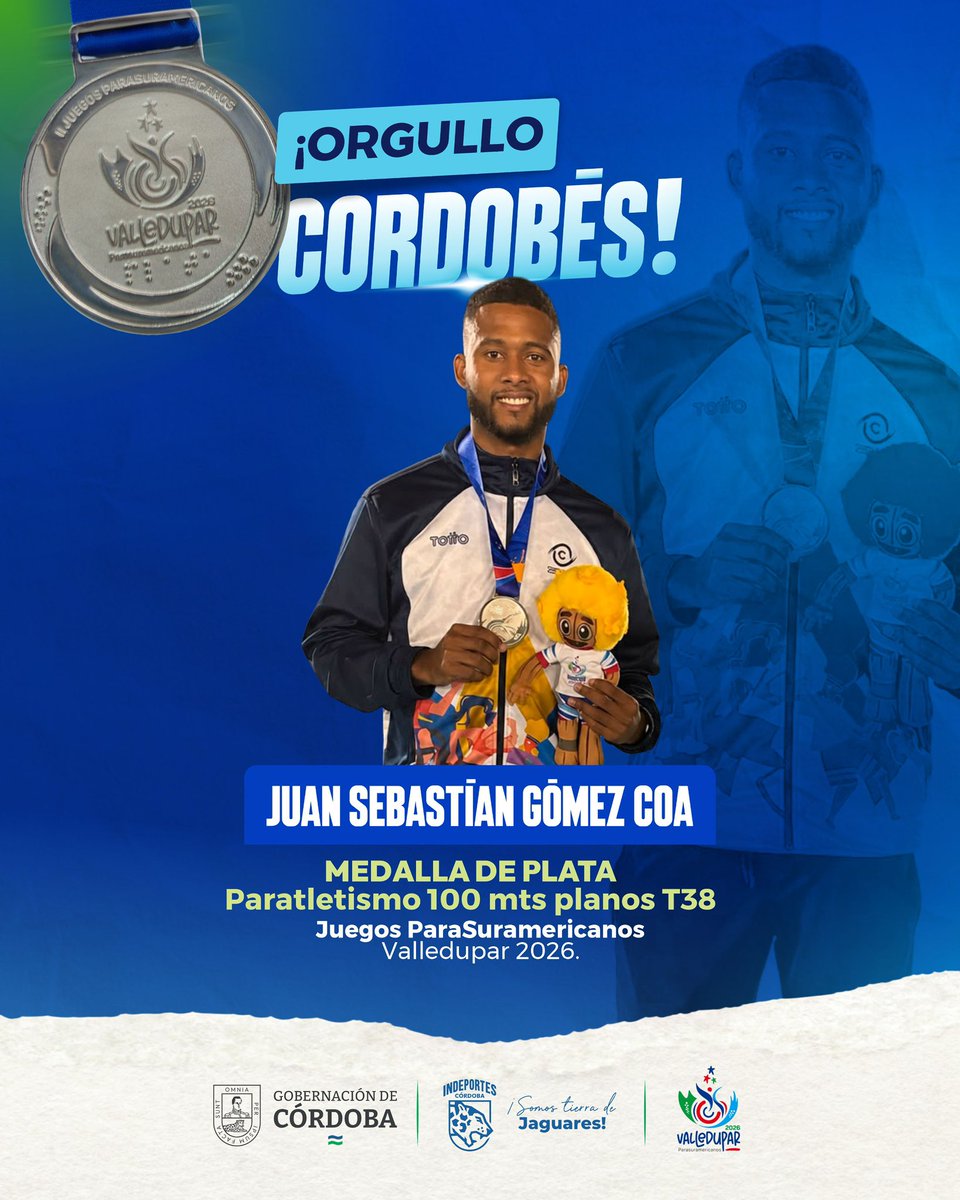 IndeportesCordo's tweet photo. 🐆 ¡Otro jaguar que hace historia!

Juan Sebastián Gómez Coa lo hizo de nuevo y nos llena de orgullo con su medalla de plata en los 100 metros planos T38 de los Juegos ParaSuramericanos Valledupar 2026.🥈

¡Felicitaciones, campeón! 💙🤍💚 https://t.co/bK50OU3CvM