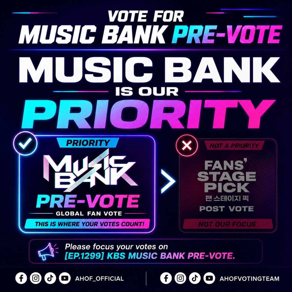 AHOFVOTINGTEAM's tweet photo. 🚨 MUSIC BANK PRE-VOTE IS OUR PRIORITY!

FOHA, please focus your votes on [EP.1299] KBS Music Bank Pre-Vote. Do not use your votes on Fan Stage Pick—save them for the poll that matters most right now!

Let’s work together and vote for AHOF! 💙💗

#AHOF #아홉 #MusicBank @AHOF_official