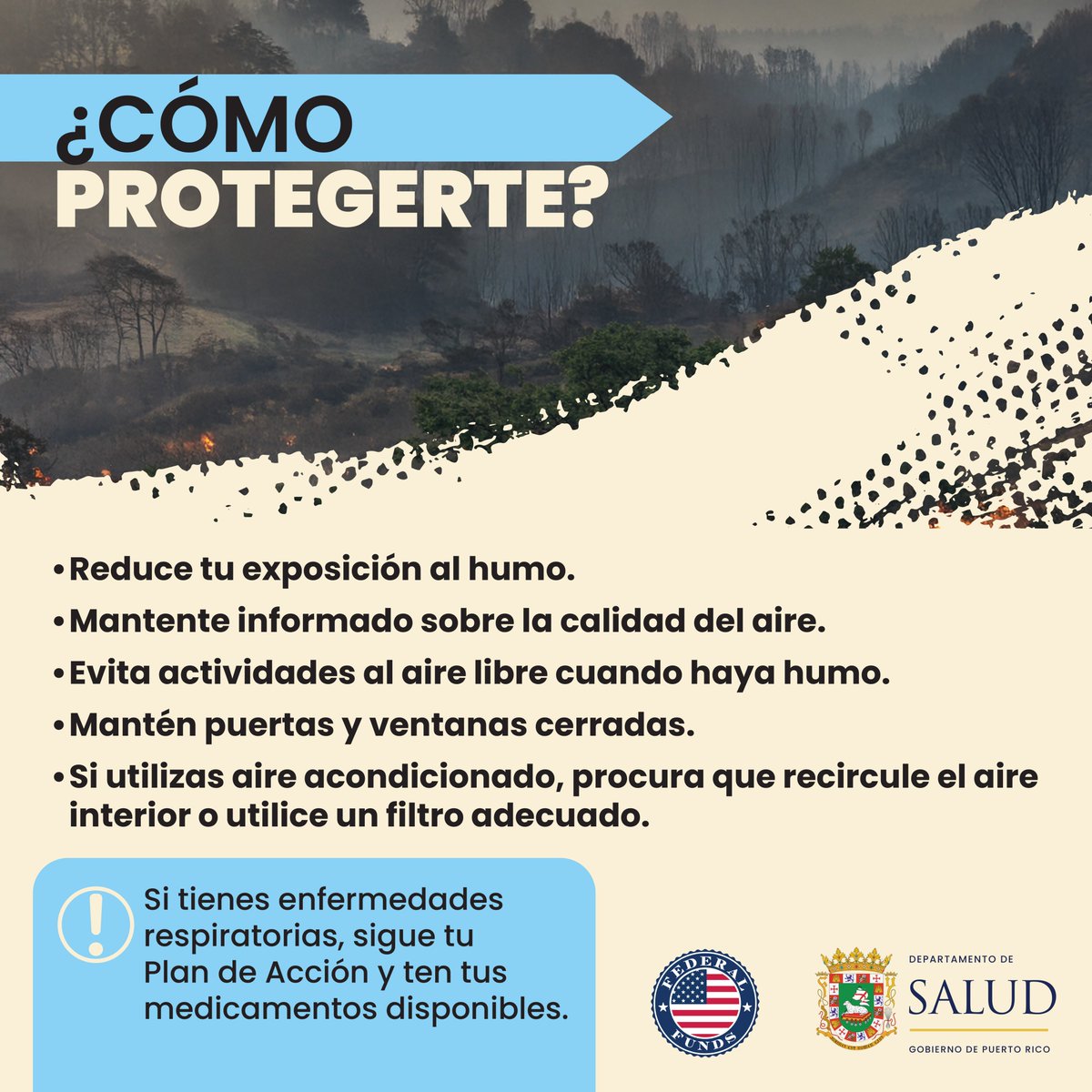 desaludpr's tweet photo. El humo de los incendios forestales puede afectar tu salud.  

Aunque el incendio ocurra lejos de ti, el humo puede viajar largas distancias y afectar la calidad del aire.

Más información: 787-765-2929, exts. 4148 y 4157.
o escribe a programa.asma@salud.pr.gov https://t.co/FZsekYfYxq