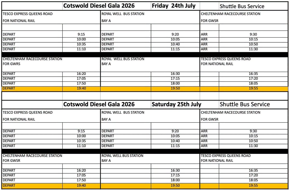 GWSRDiesels's tweet photo. We can now confirm the bus shuttle and Cotswold Diesel Gala timetables for our three day event on the 24–26 July.

View and download the timetables here: https://t.co/dMzOnC1MP9

We look forward to welcoming you for three fantastic days of heritage diesel traction. https://t.co/qTOqZ9yhSS