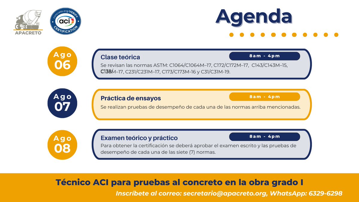 APACRETO's tweet photo. Técnico  para pruebas al concreto en la obra grado I, 6-8 de agosto, 8am a 4pm,Oficinas de Euclid, Tocumen.
No  existen prerequisitos, el  interesado debe ser capaz de levantar un peso de al menos 25-30lbs.
General $750, Apacreto $650, Estudiantes $500, Examen teórico: $250 https://t.co/r4JdNeWRjS