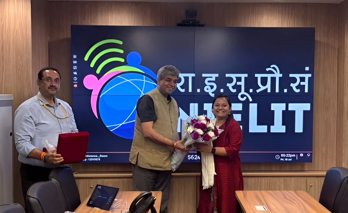 NIELITIndia's tweet photo. Dr. M. M. Tripathi, DG, NIELIT, held a fruitful meeting with Ms. Neha Kumari, IAS, Mission Director,
@GSEM_DST to discuss the #NIELIT Digital University Platform and opportunities to strengthen digital skilling for the youth of Gujarat. #GESM #DigitalSkilling #SkillDevelopment https://t.co/BJAIRpgSIQ