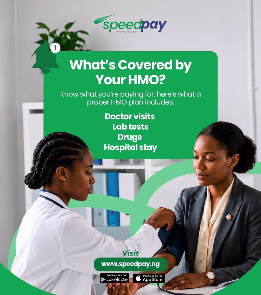 Speedpayng's tweet photo. A good health plan covers: Doctor visits, Lab tests, Drugs and Hospital stays

Getting health insurance on the SpeedPay app covers all four, from ₦4,600/ months (3 months minimum)

Link in bio
#speedpayfinng #healthinsurance #digitalpayment #HMO #finance https://t.co/YML9ySHoOI