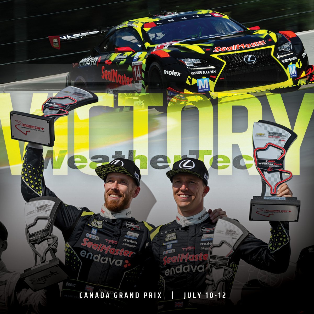 SealMasterNet's tweet photo. Back-to-back wins and a double podium! 🏆

Congratulations to @jackhawkrace, @BenBarnicoat and the entire @vassersullivan team on taking the No. 14 Lexus RC F GT3 to victory at @CTMPOfficial. Shoutout to @AaronTelitz and @BPedersenRacing for bringing the No. 12 home in P2. #LexusPerformance #IMSA